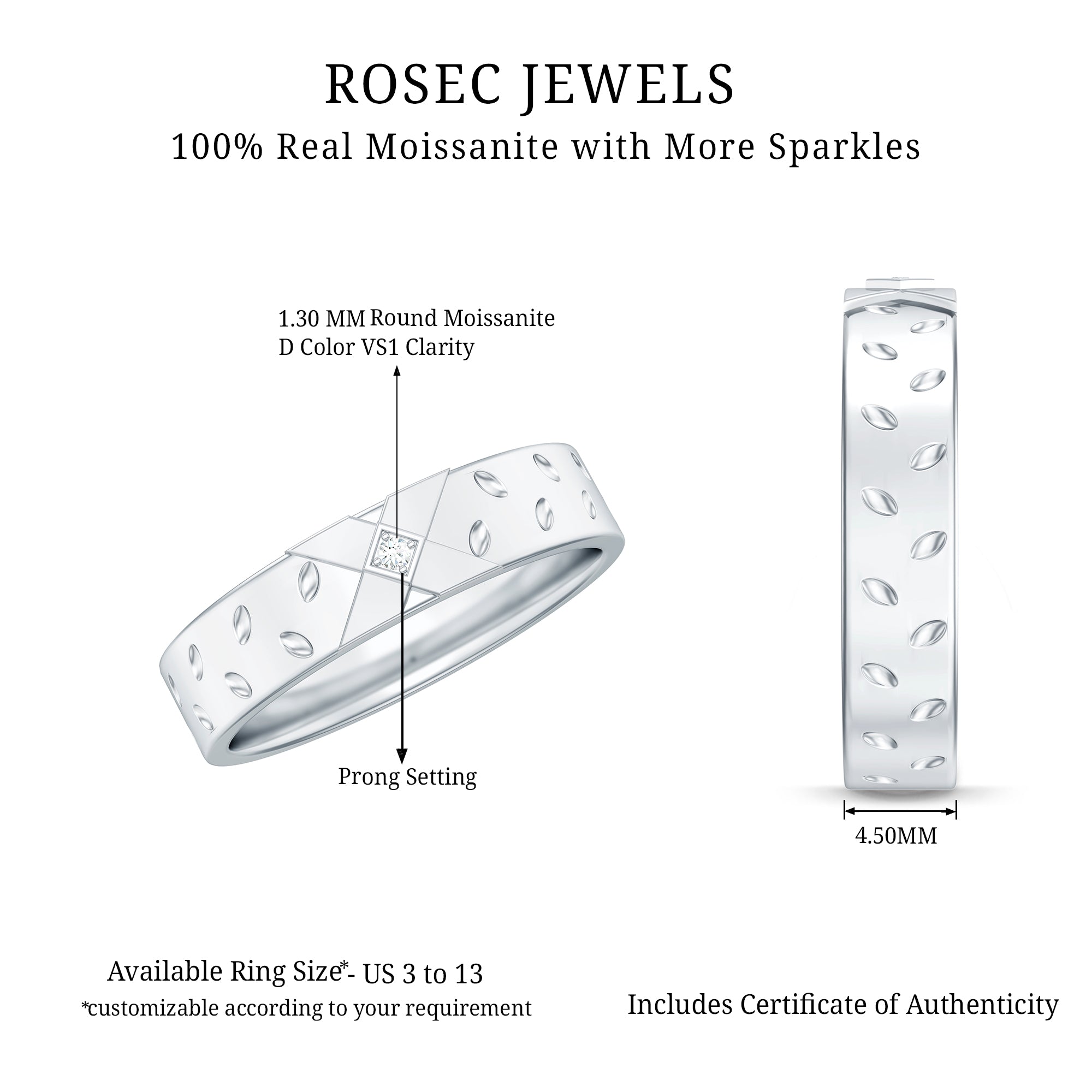 Two Tone Cross Wedding Band with Moissanite D-VS1 - Rosec Jewels