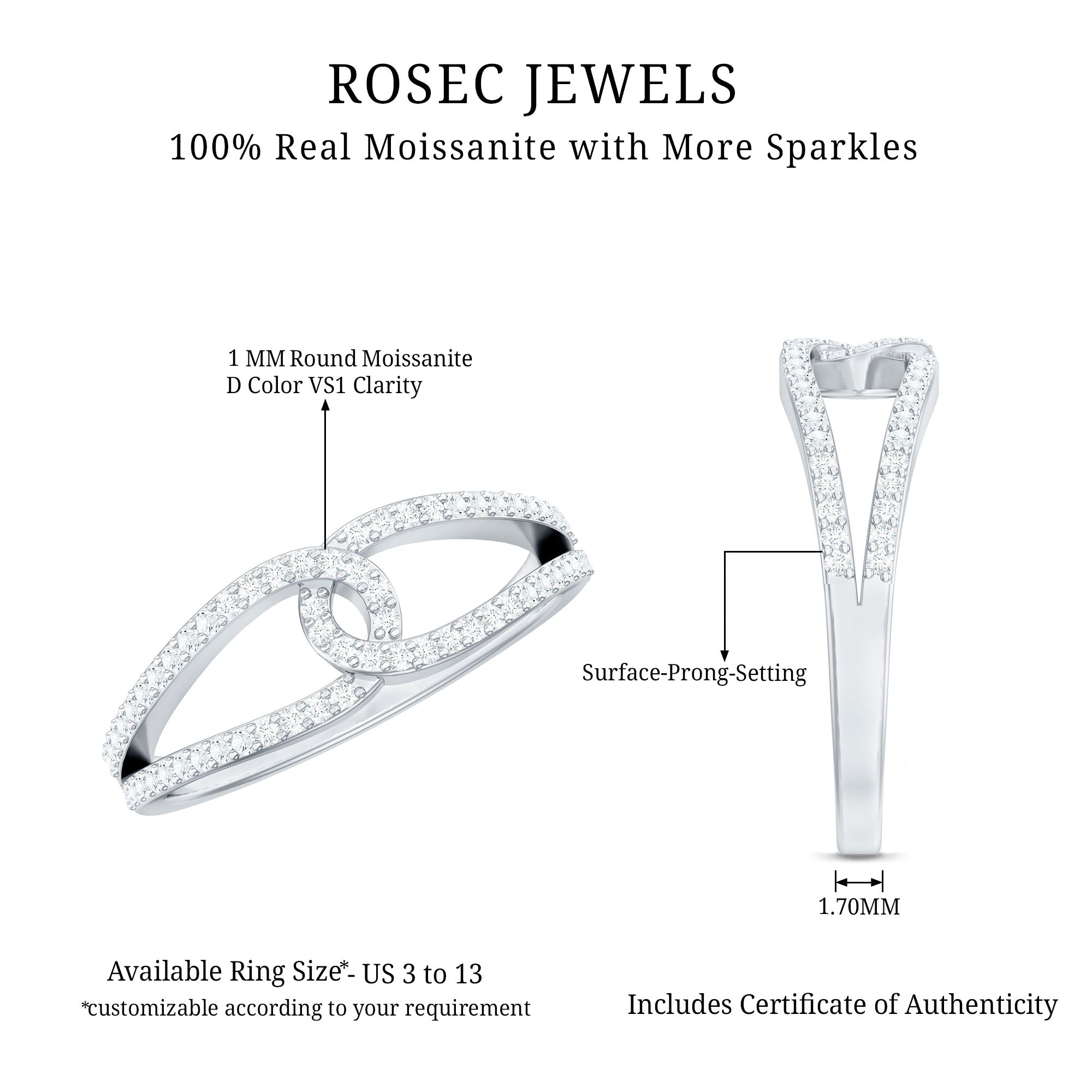 Certified Moissanite Infinity Promise Ring D-VS1 - Rosec Jewels