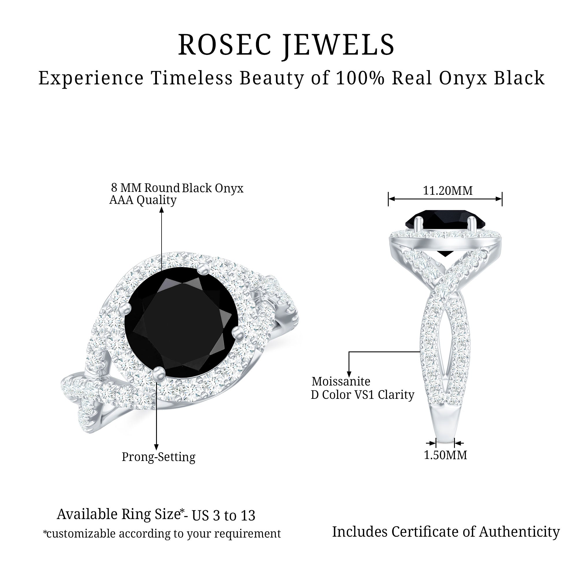 Rosec Jewels-Certified 8 MM Black Onyx Crossover Engagement Ring with Moissanite Halo