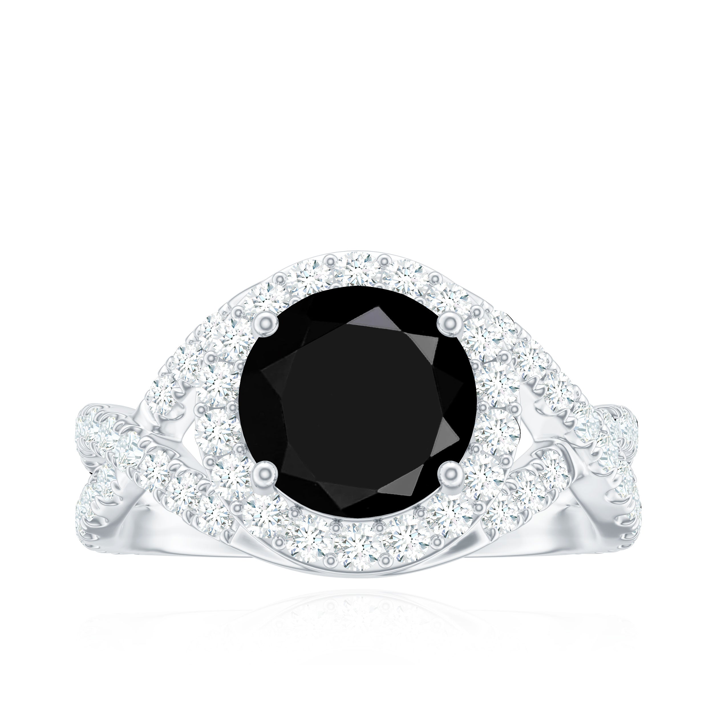Rosec Jewels-Certified 8 MM Black Onyx Crossover Engagement Ring with Moissanite Halo