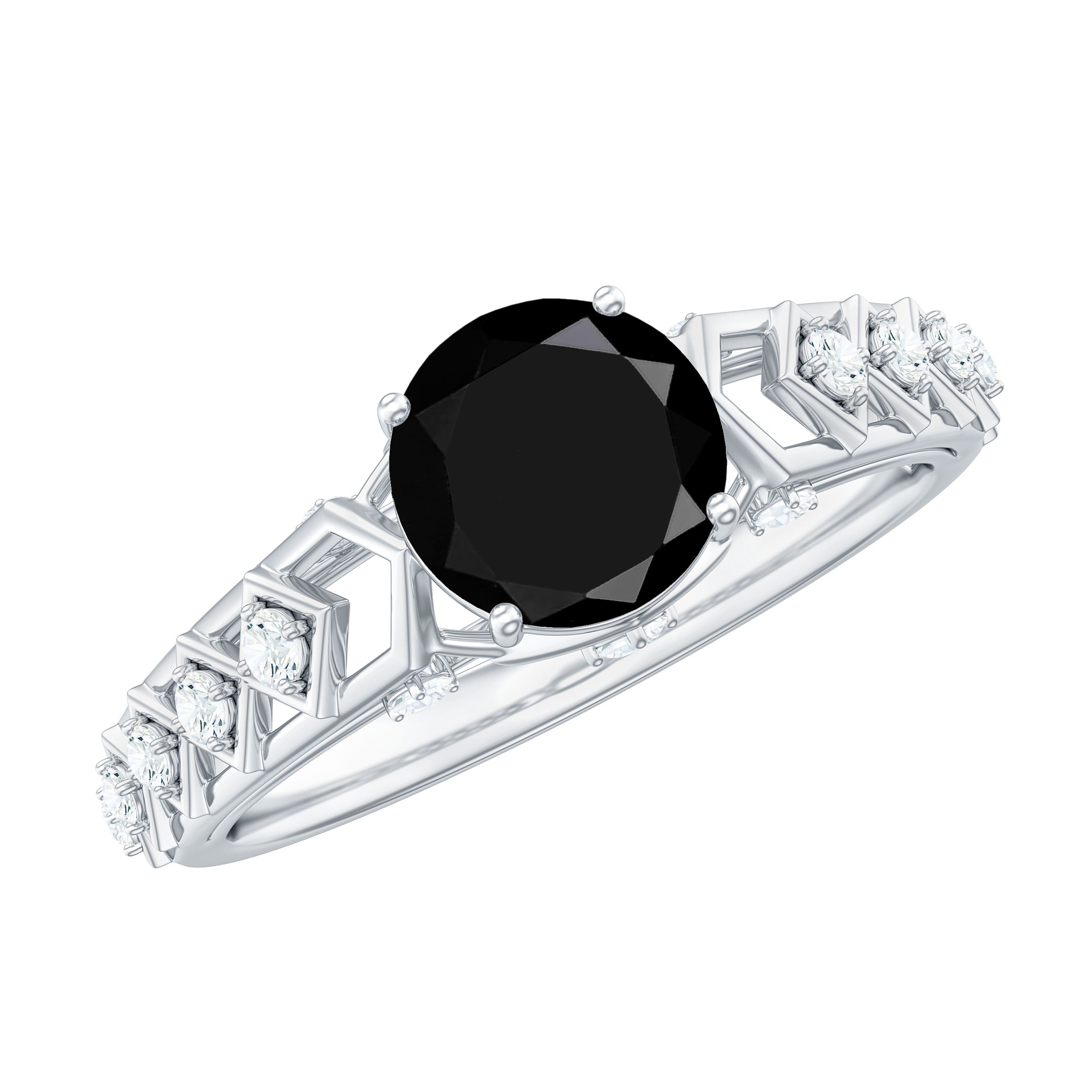 Art Deco Inspired Black Spinel Solitaire Engagement Ring with Diamond AAA - Rosec Jewels