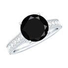 Natural Black Spinel Solitaire Engagement Ring with Diamond Side Stones AAA - Rosec Jewels