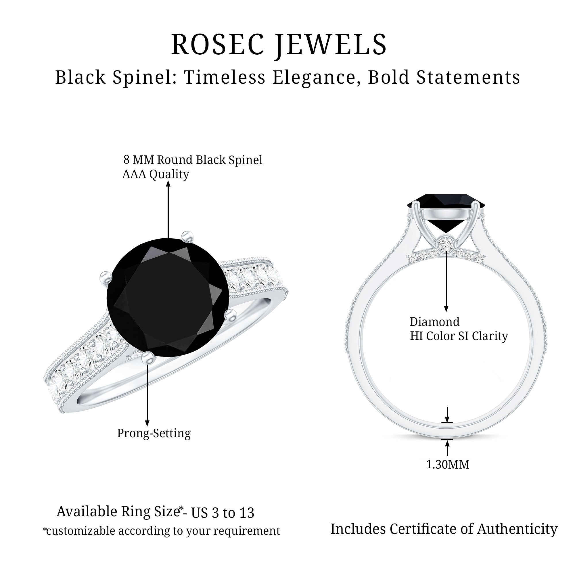 Natural Black Spinel Solitaire Engagement Ring with Diamond Side Stones AAA - Rosec Jewels