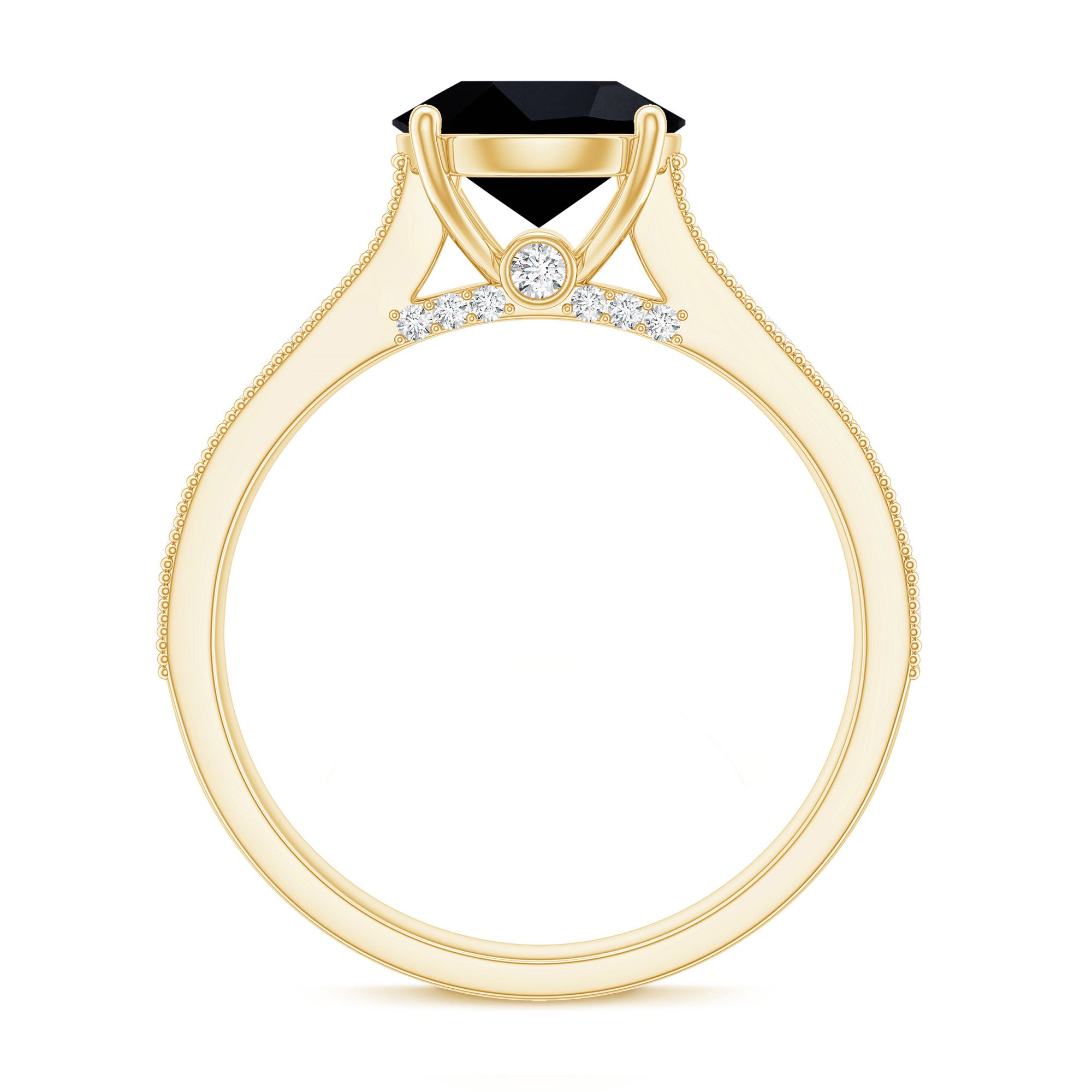 Natural Black Spinel Solitaire Engagement Ring with Diamond Side Stones AAA - Rosec Jewels