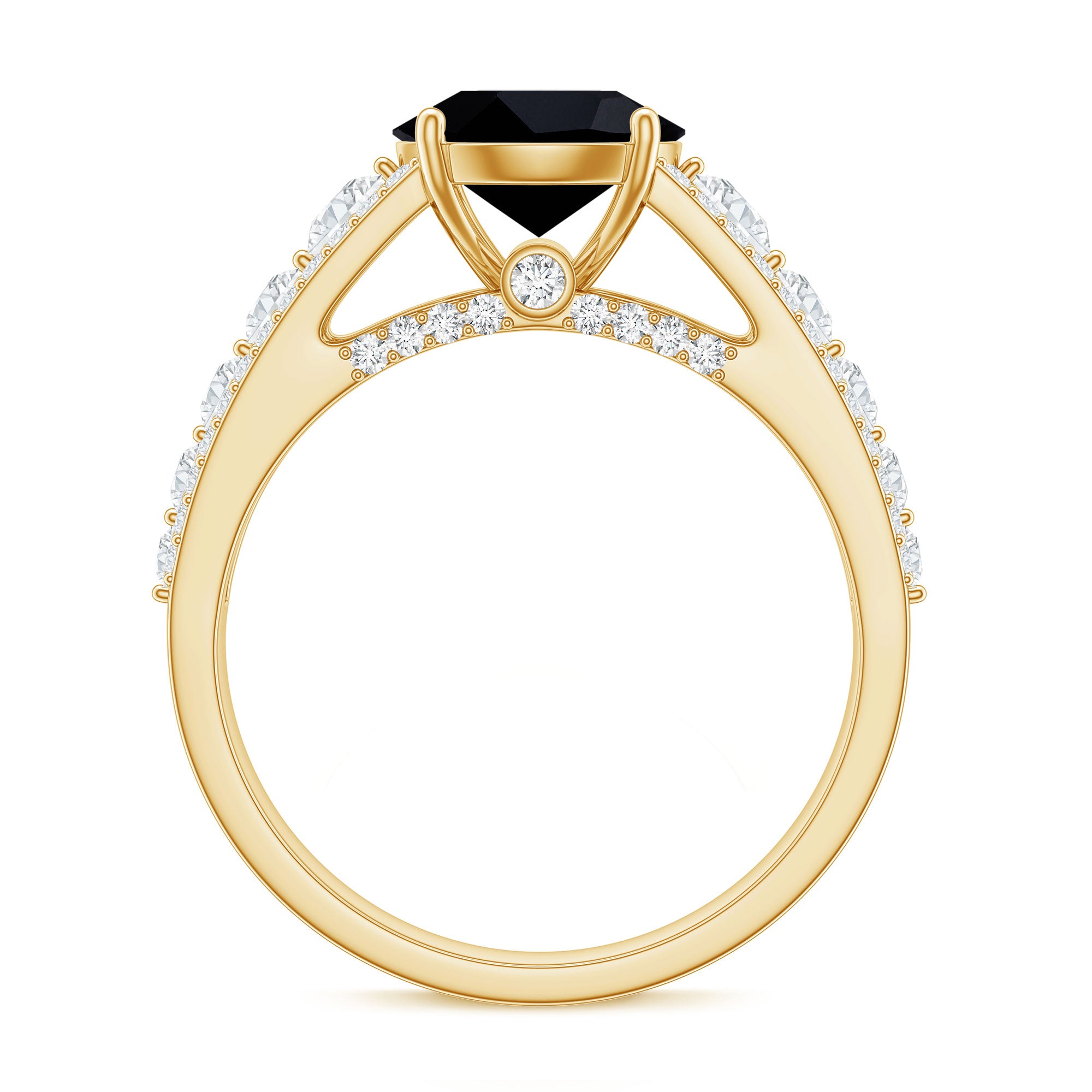 8mm Round Black Onyx Statement Engagement Ring with Moissanite Side Stones AAA - Rosec Jewels