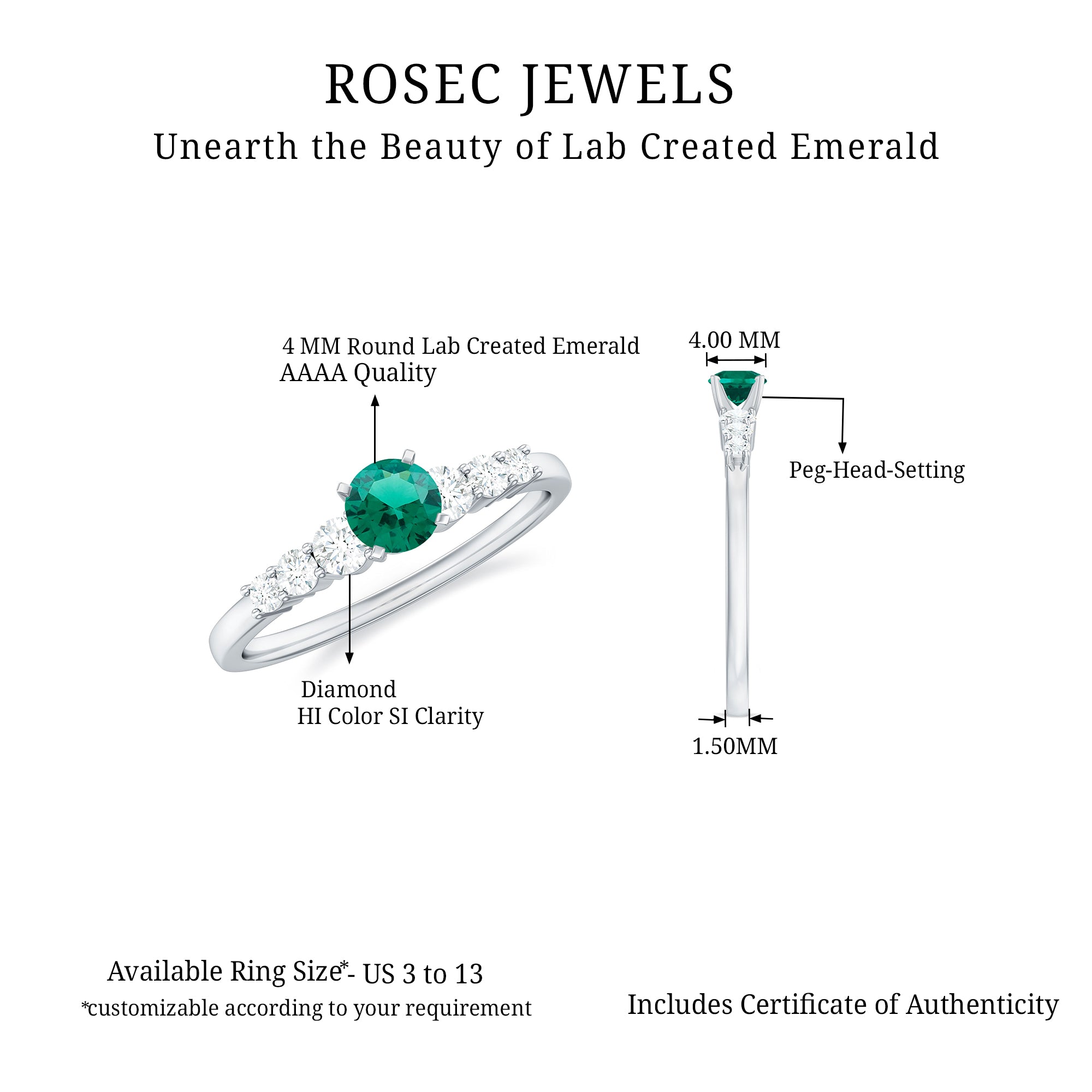 Rosec Jewels-Round Lab Grown Emerald Diamond Promise Ring with Certificate
