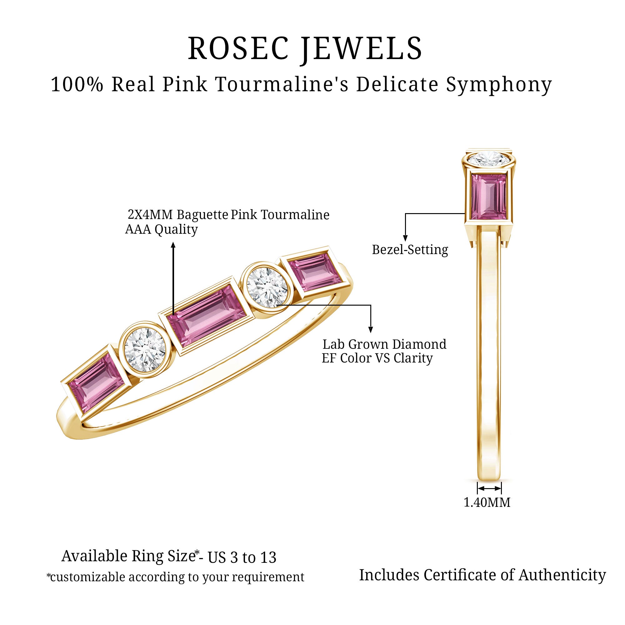 Pink Tourmaline and Diamond Stackable Ring in Bezel Setting AAA - Rosec Jewels