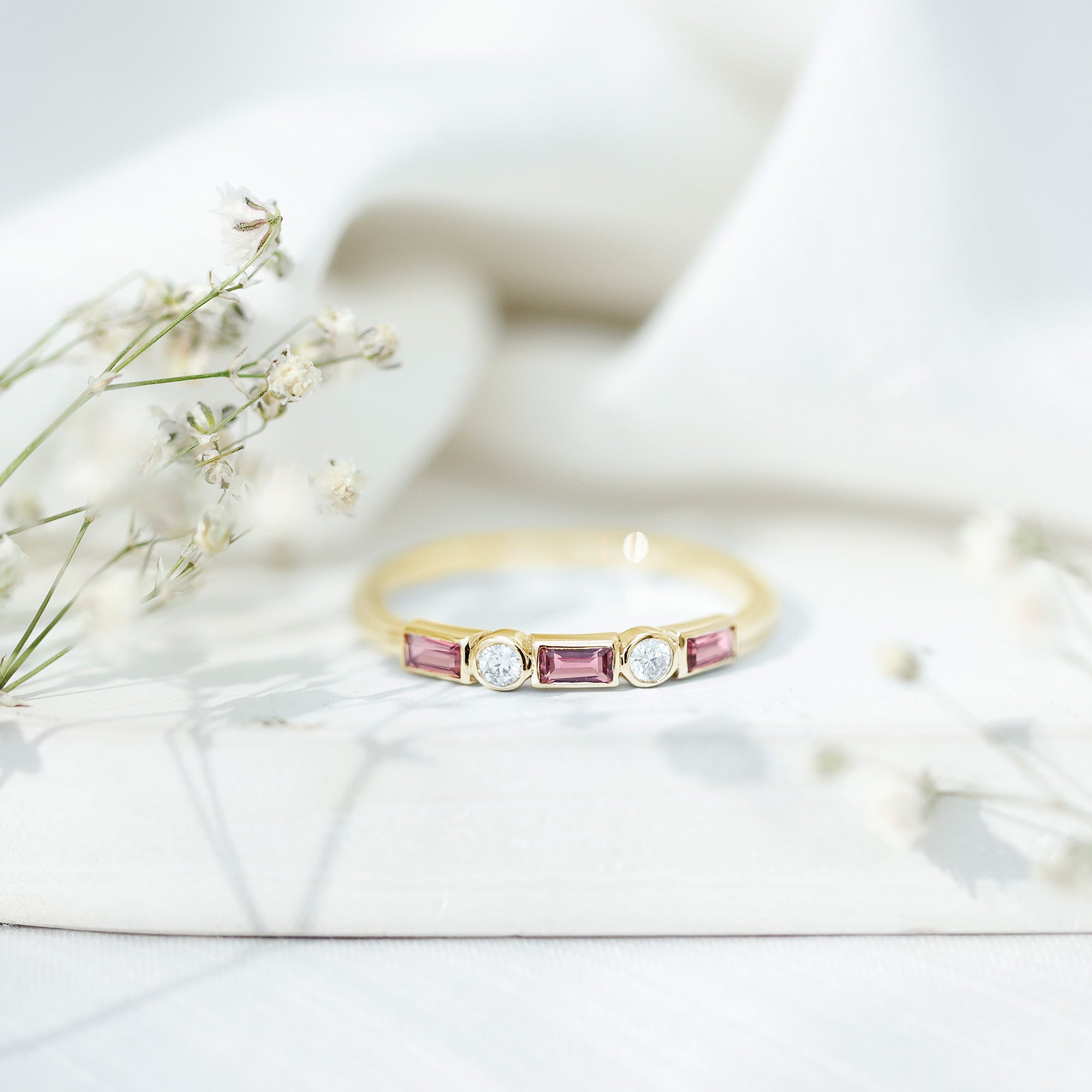 Pink Tourmaline and Diamond Stackable Ring in Bezel Setting AAA - Rosec Jewels