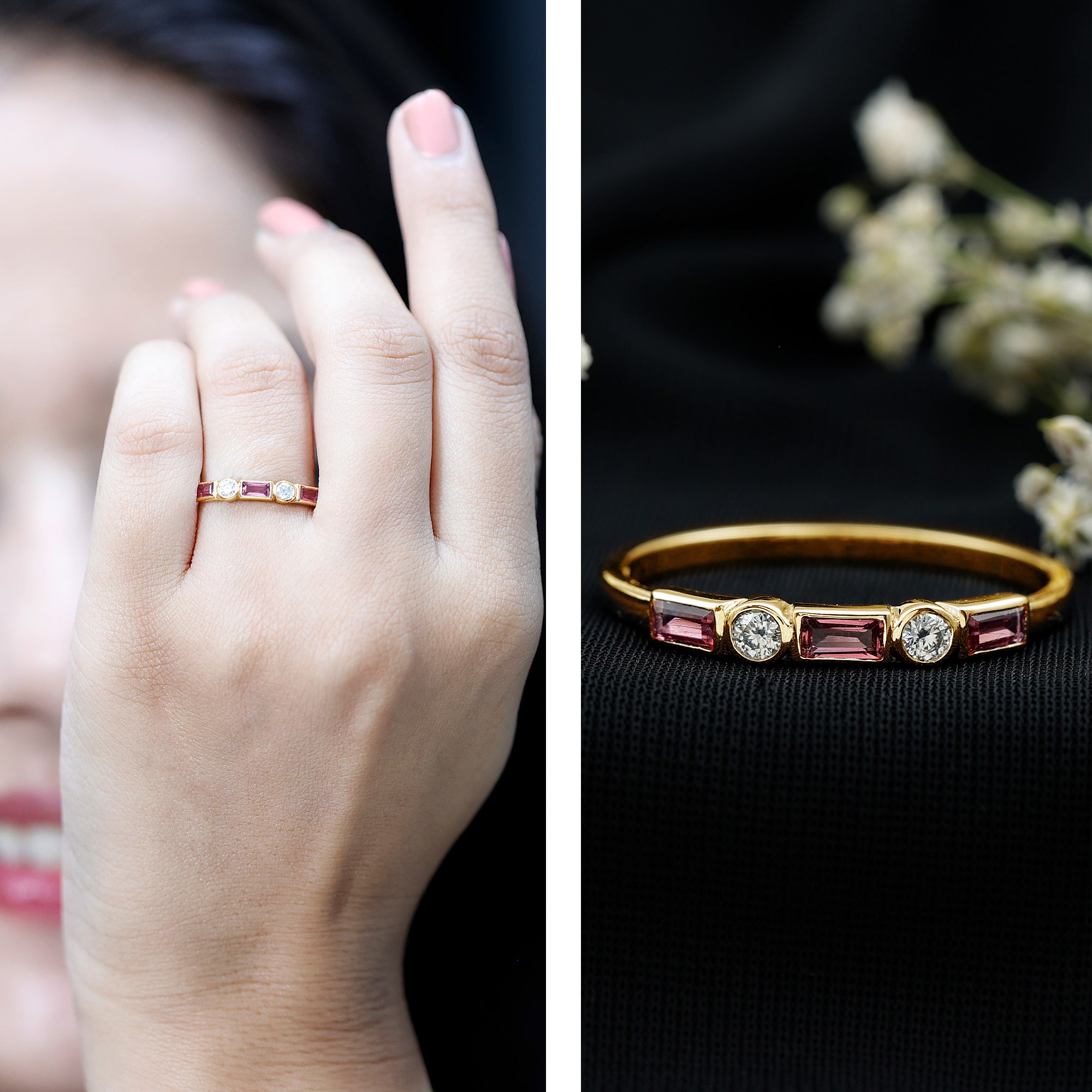 Pink Tourmaline and Diamond Stackable Ring in Bezel Setting AAA - Rosec Jewels