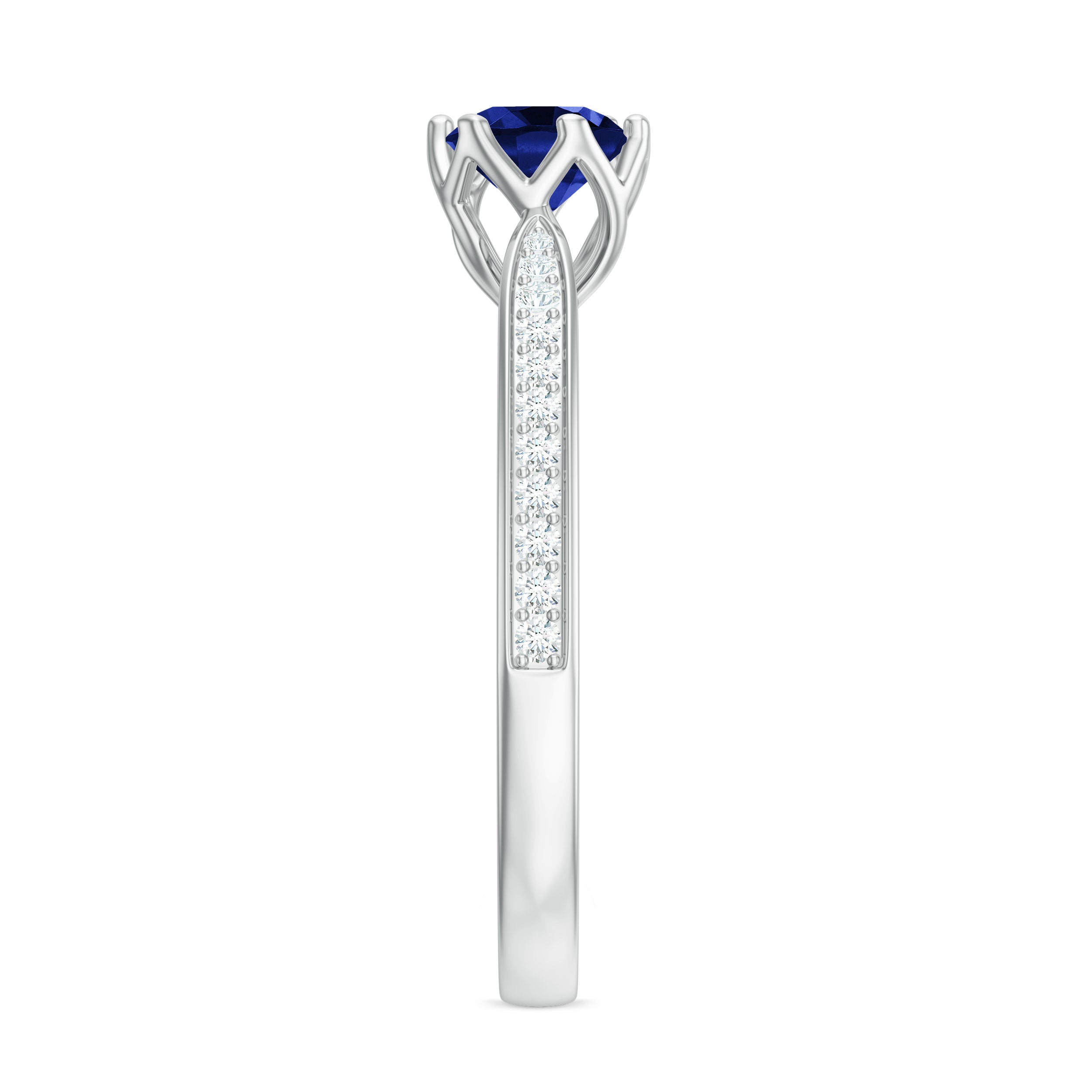 Certified Lab Created Blue Sapphire Minimal Engagement Ring with Diamond Side Stones AAAA - Rosec Jewels