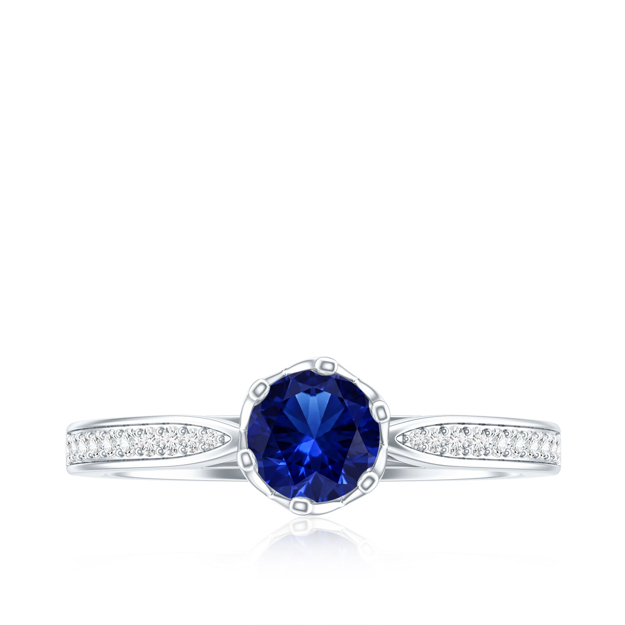 Certified Lab Created Blue Sapphire Minimal Engagement Ring with Diamond Side Stones AAAA - Rosec Jewels