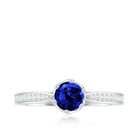 Certified Lab Created Blue Sapphire Minimal Engagement Ring with Diamond Side Stones AAAA - Rosec Jewels