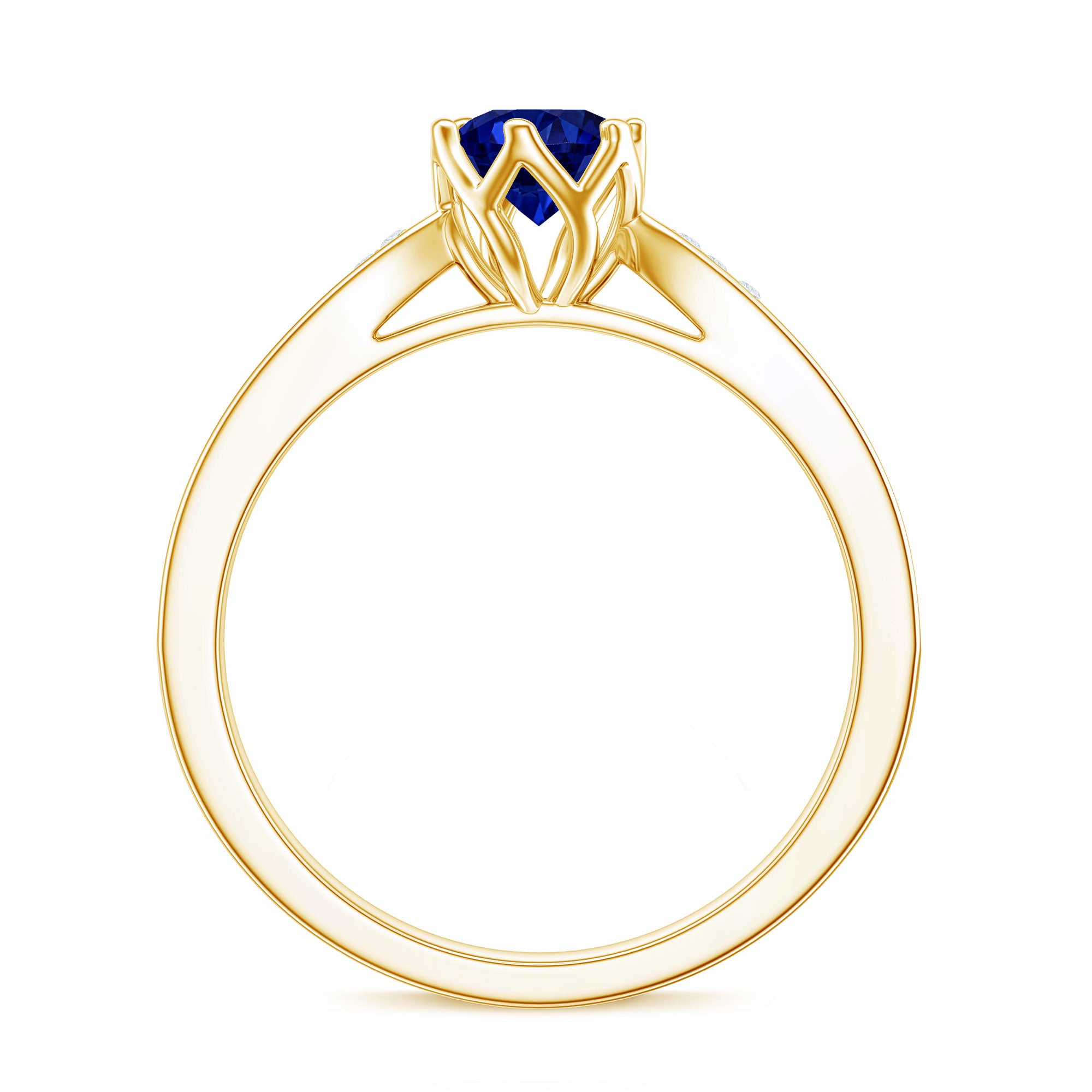 Certified Lab Created Blue Sapphire Minimal Engagement Ring with Diamond Side Stones AAAA - Rosec Jewels