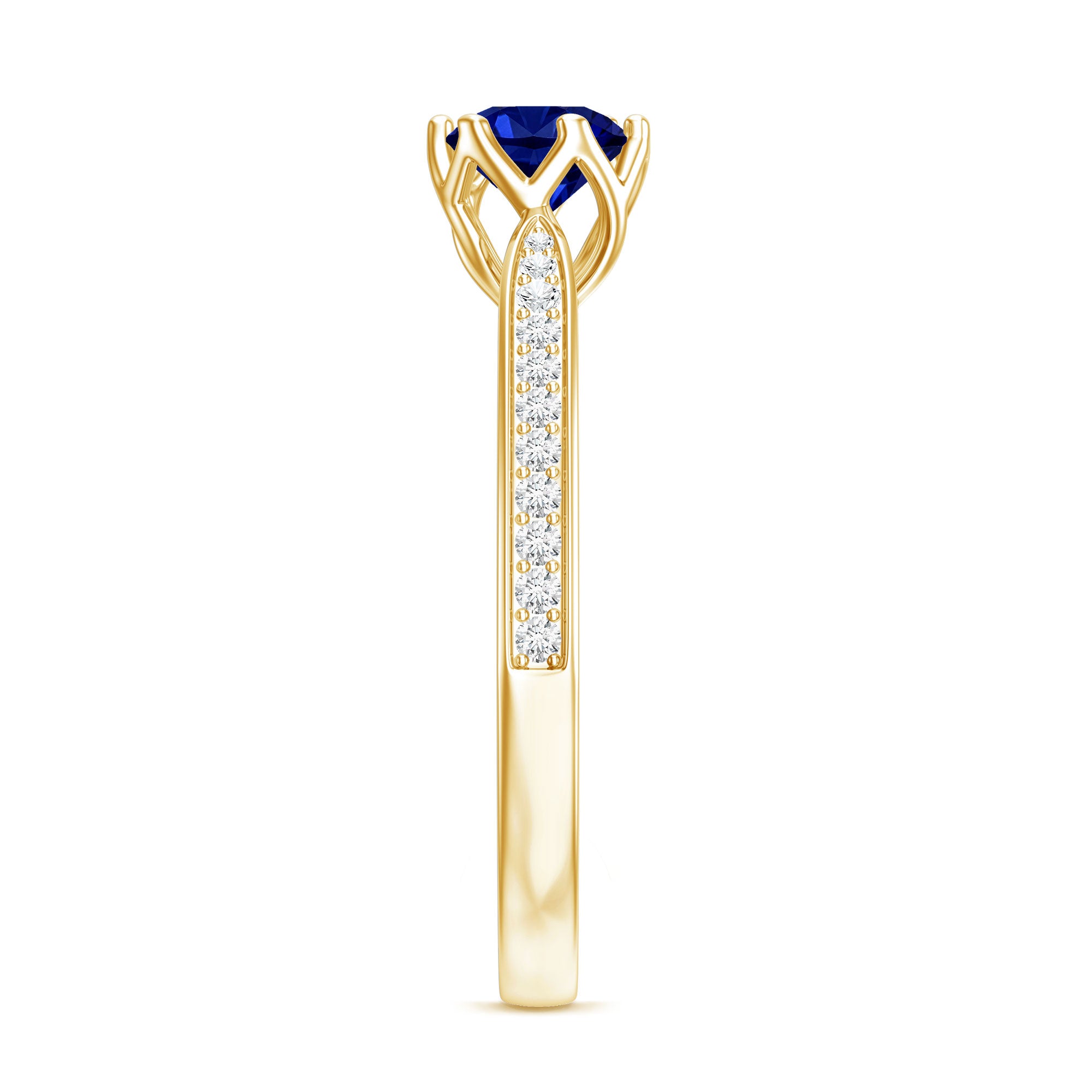 Certified Lab Created Blue Sapphire Minimal Engagement Ring with Diamond Side Stones AAAA - Rosec Jewels
