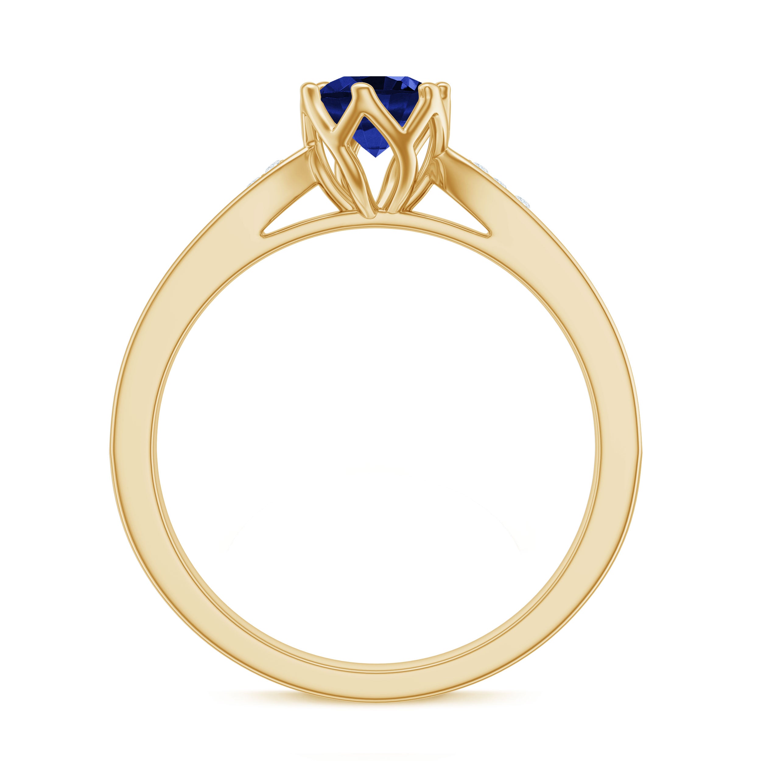 Certified Lab Created Blue Sapphire Minimal Engagement Ring with Diamond Side Stones AAAA - Rosec Jewels