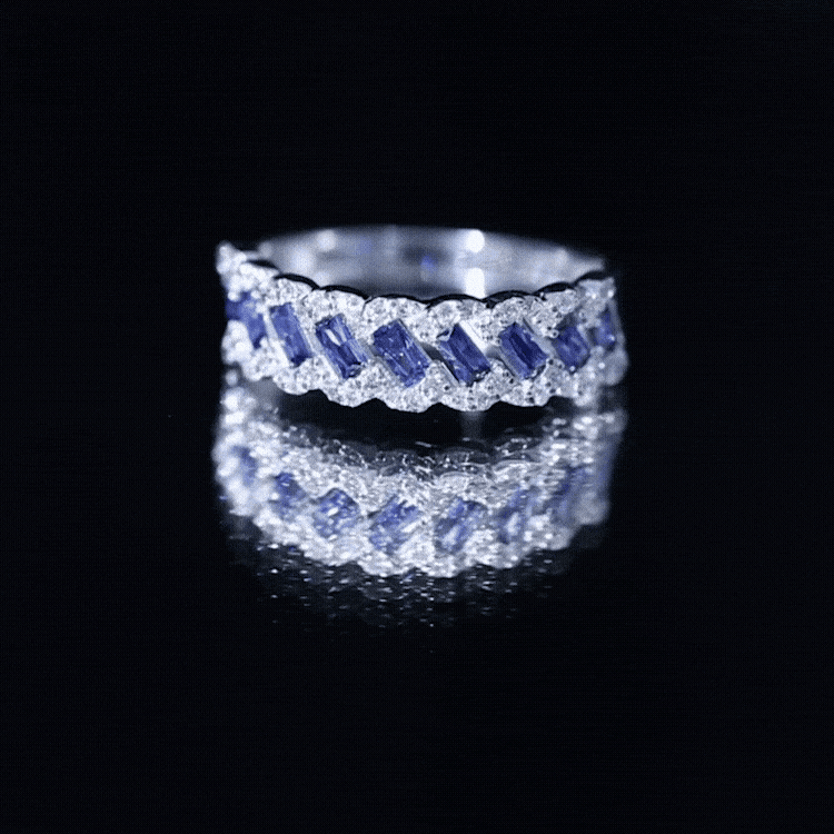 Certified Baguette Lab Grown Blue Sapphire Half Eternity Band with Diamond AAAA - Rosec Jewels