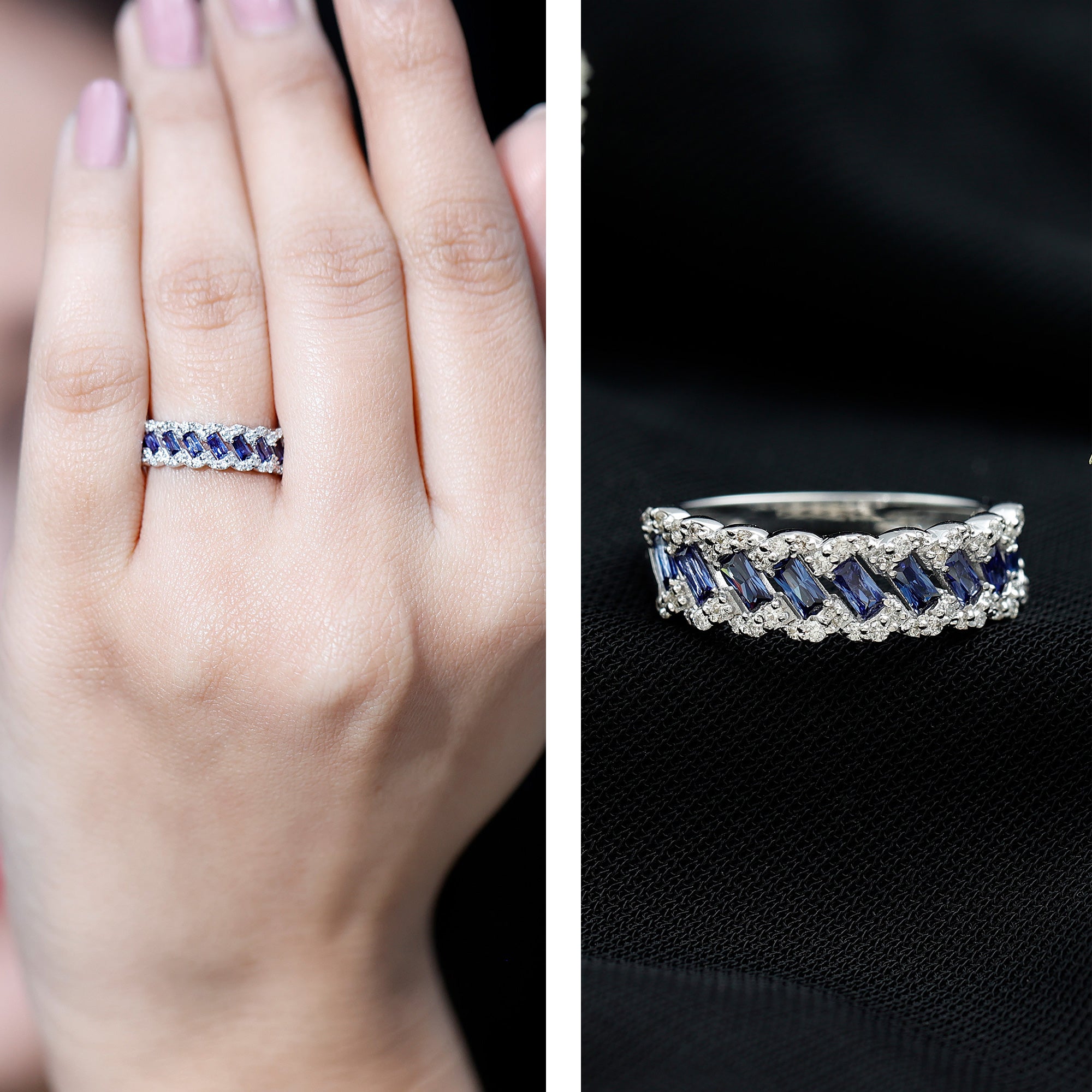 Certified Baguette Lab Grown Blue Sapphire Half Eternity Band with Diamond AAAA - Rosec Jewels