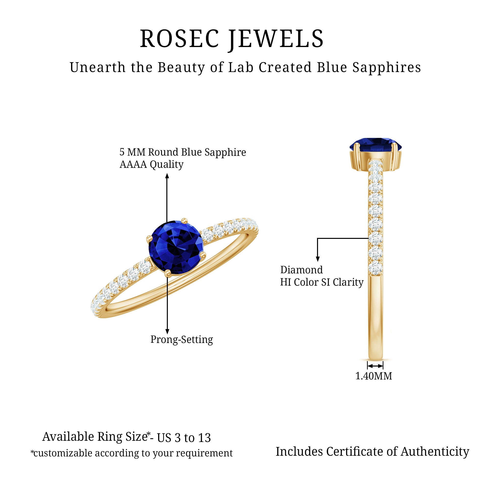 5mm Lab Created Blue Sapphire Promise Ring with Diamond Side Stones AAAA - Rosec Jewels