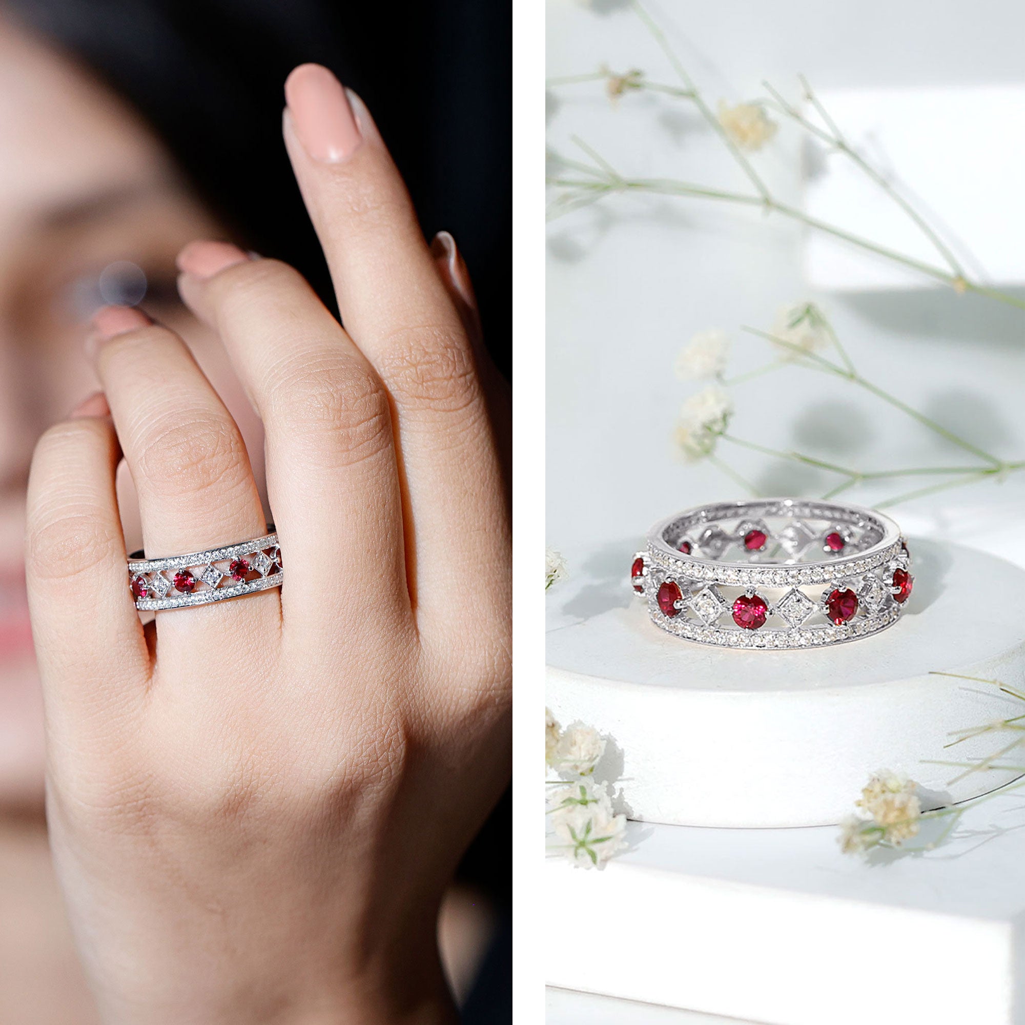 Rosec Jewels-Lab Grown Ruby Vintage Wedding Band Ring With Moissanite