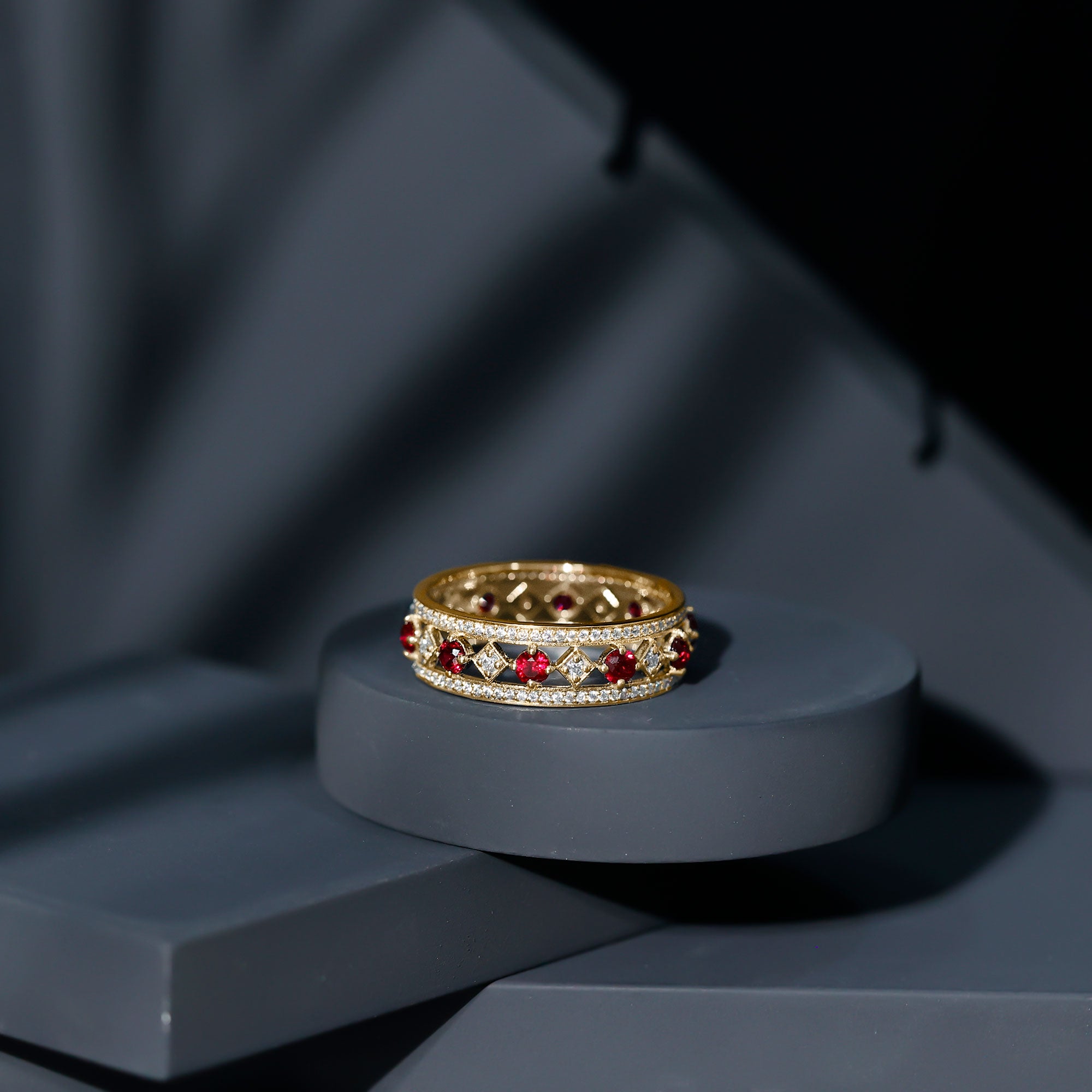 Rosec Jewels-Lab Grown Ruby Vintage Wedding Band Ring With Moissanite