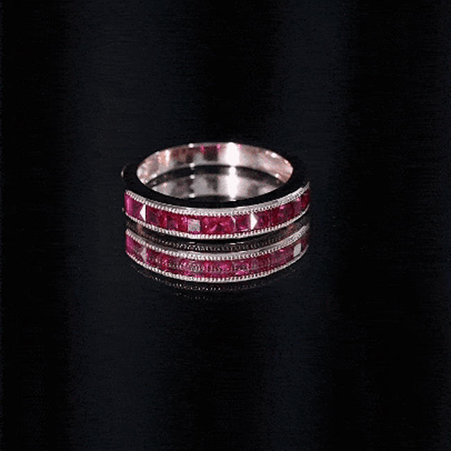 Channel Set Lab Grown Ruby Princess Cut Eternity Band with Milgrain AAAA - Rosec Jewels