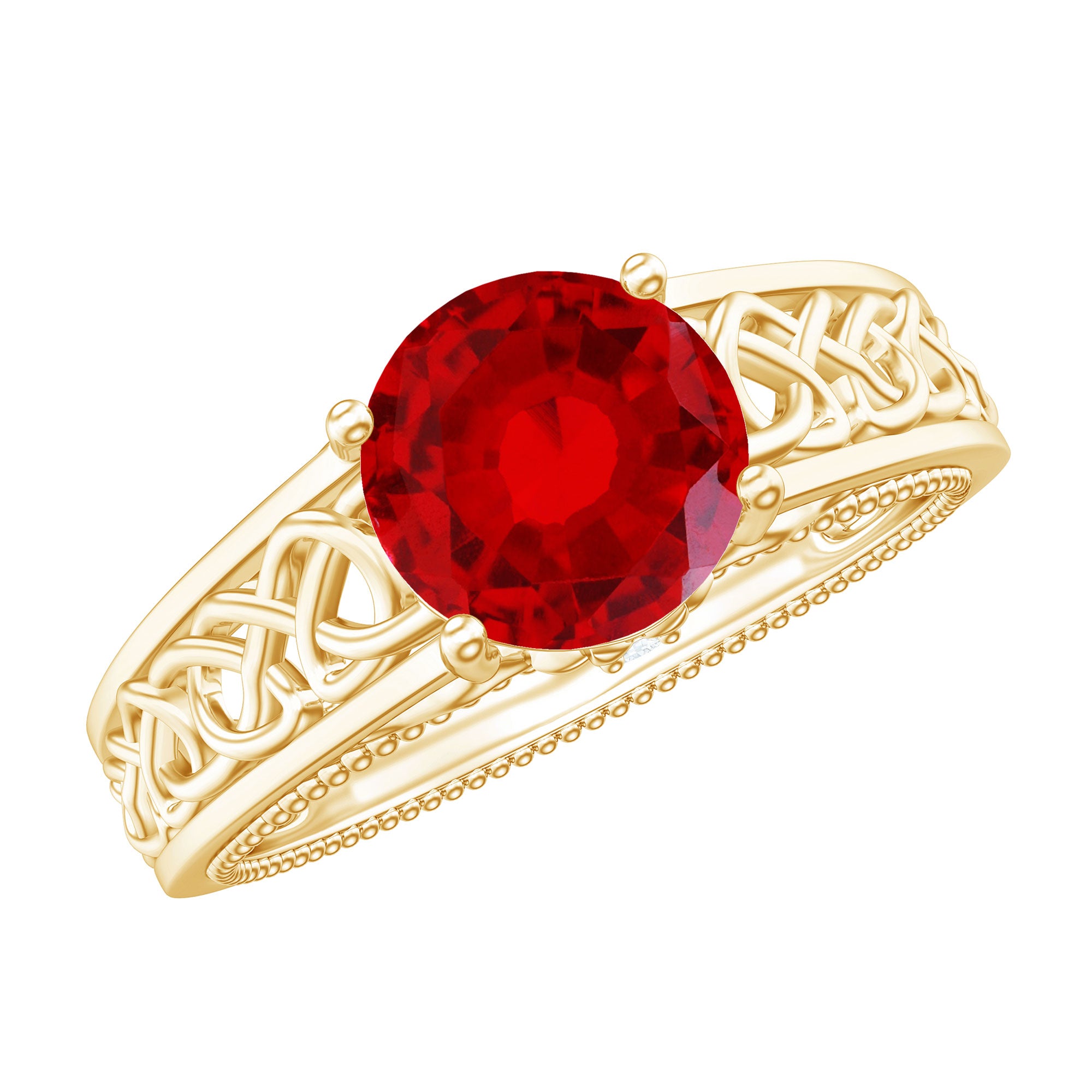 Rosec Jewels-Vintage Style Created Ruby Celtic Knot Band Ring with Surprise Diamond