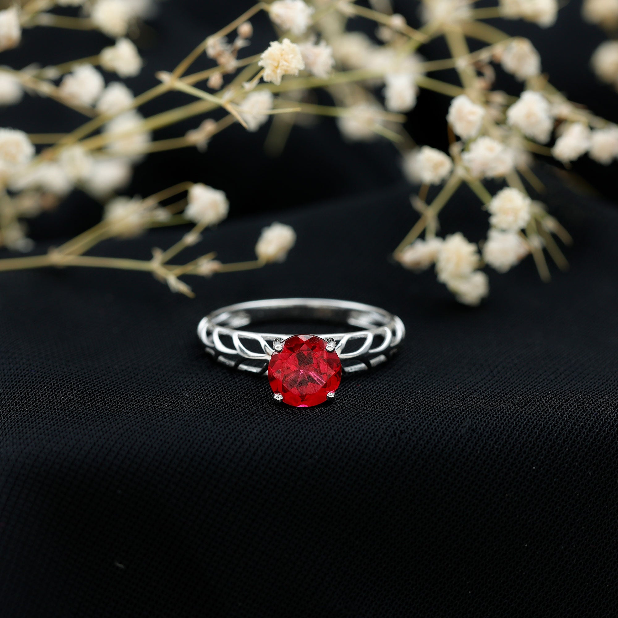 Rosec Jewels-7 MM Lab Created Ruby Solitaire Gold Filigree Ring