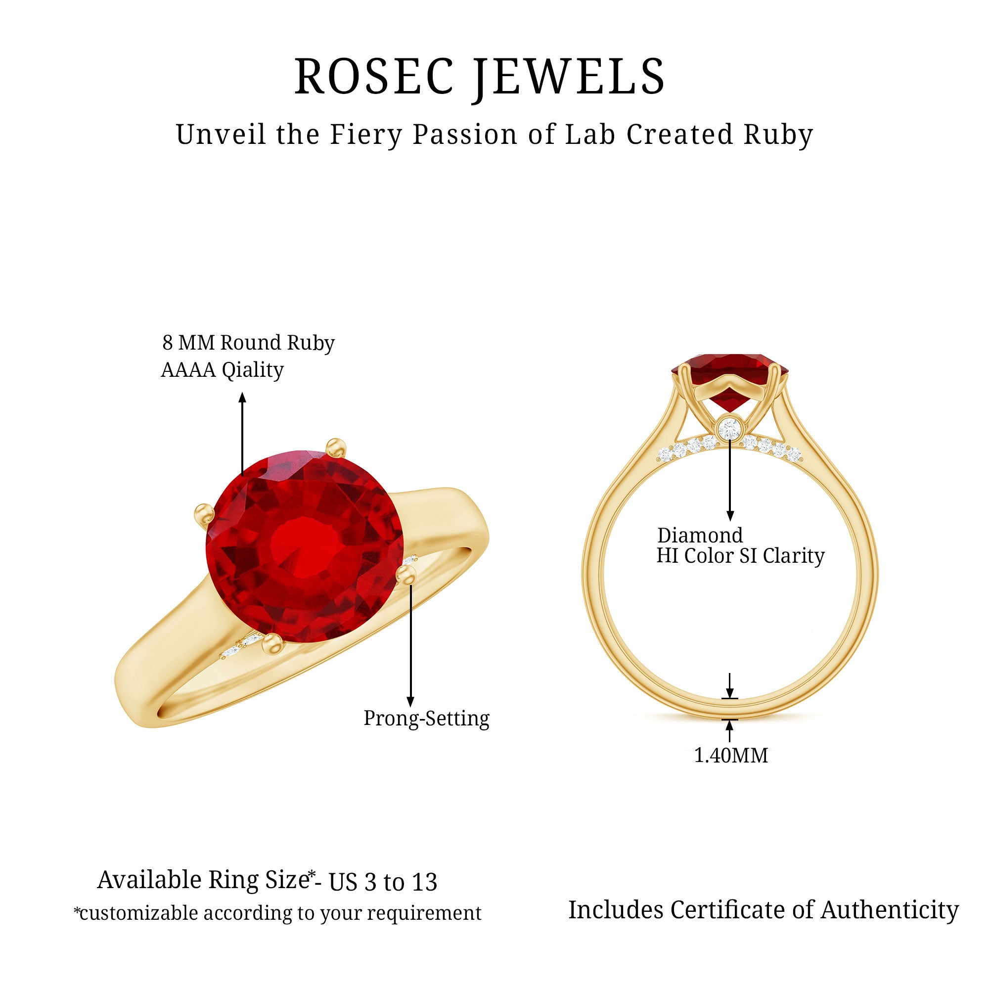 Rosec Jewels-Solitaire 8 MM Lab Created Ruby Engagement Ring with Surprise Diamonds