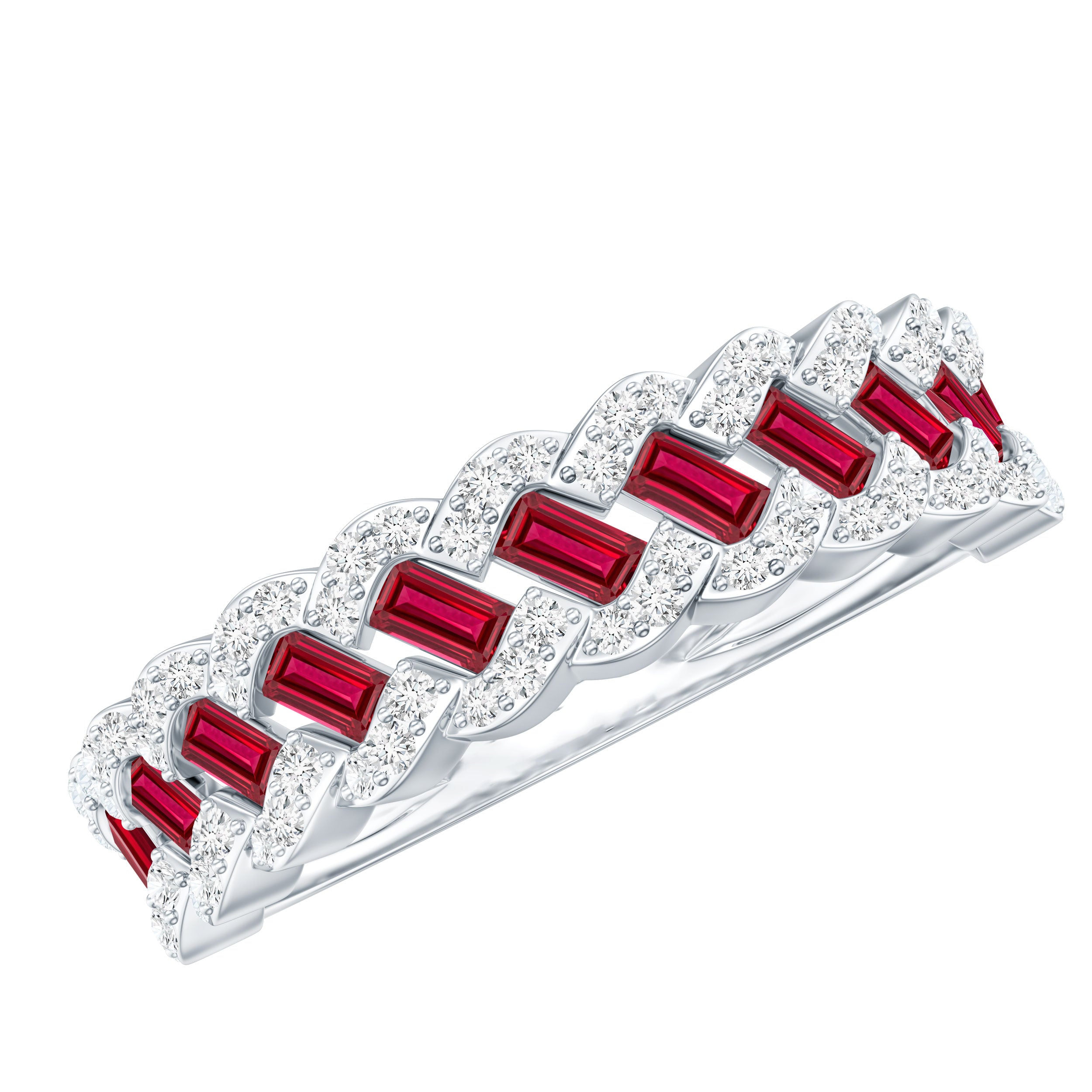 Rosec Jewels-Baguette Created Ruby Braided Eternity Band Ring with Diamond