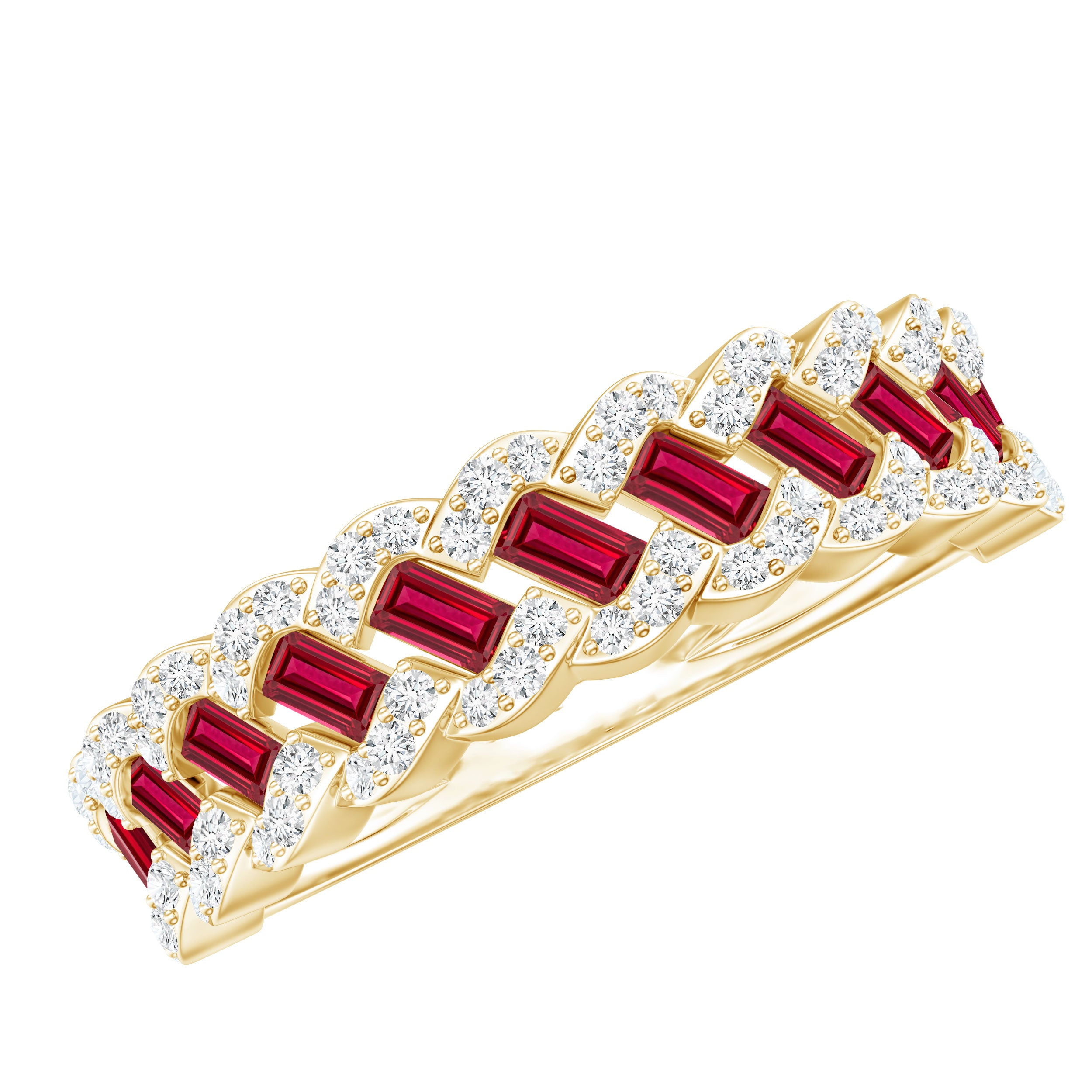 Baguette Created Ruby Braided Eternity Band Ring with Diamond AAAA - Rosec Jewels