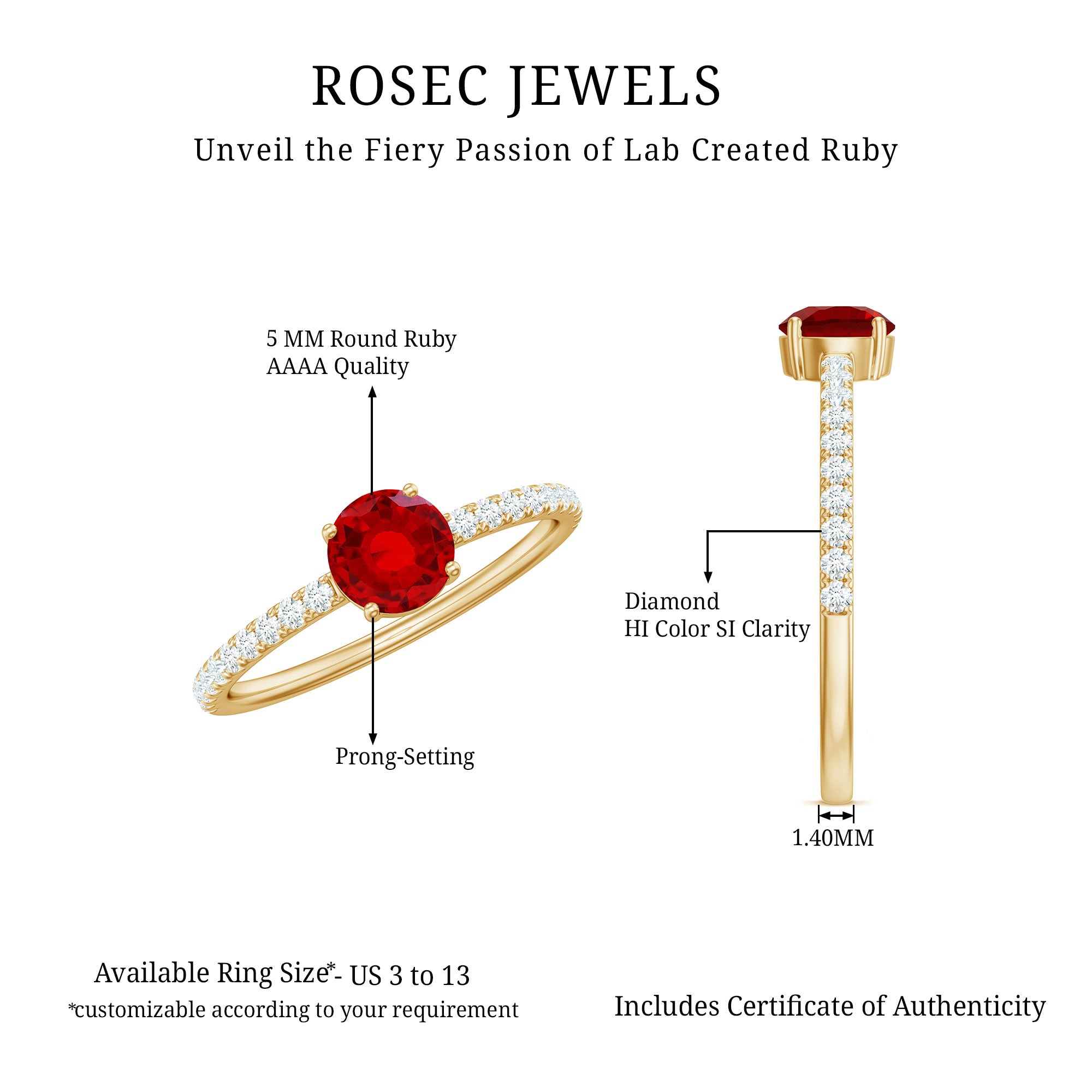 Rosec Jewels-Round Lab Created Ruby Solitaire Promise Ring with Diamond