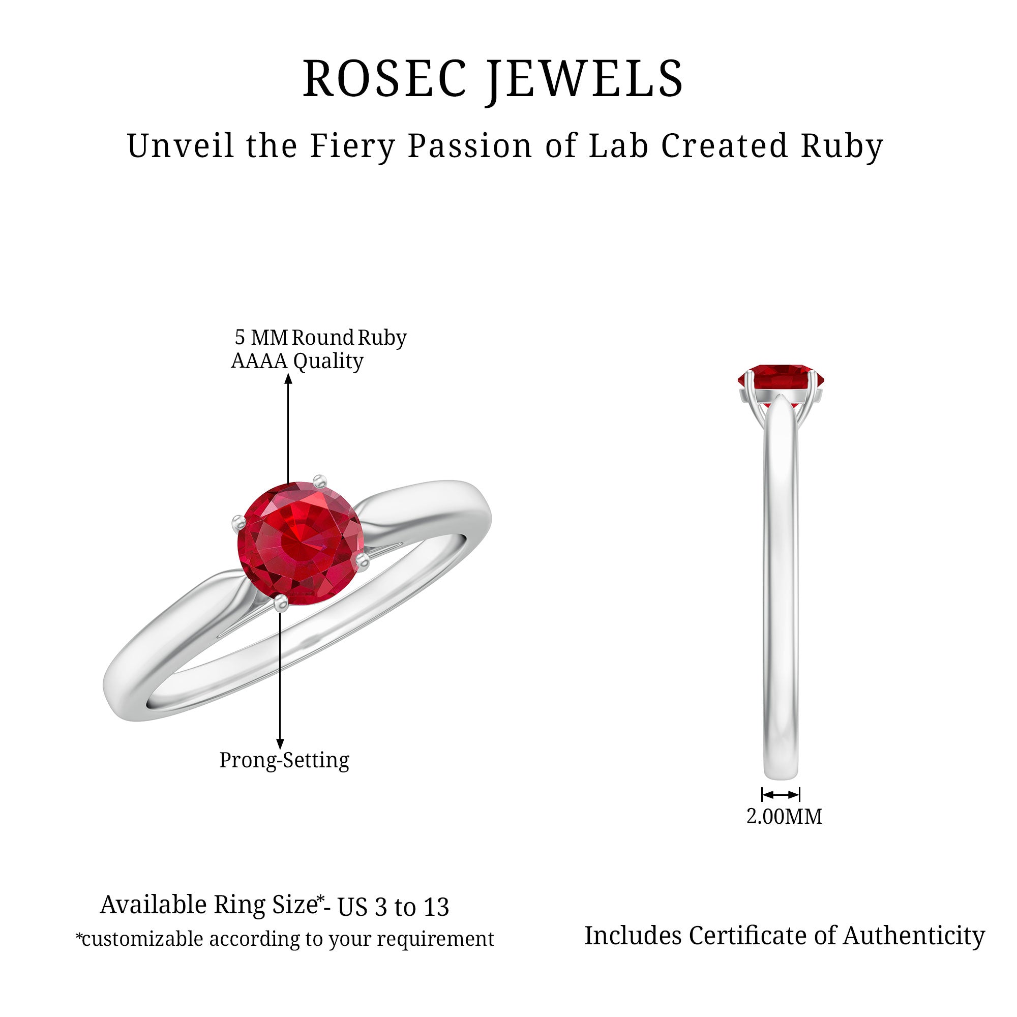 Solitaire Lab Made Ruby Promise Ring with Certificate AAAA - Rosec Jewels