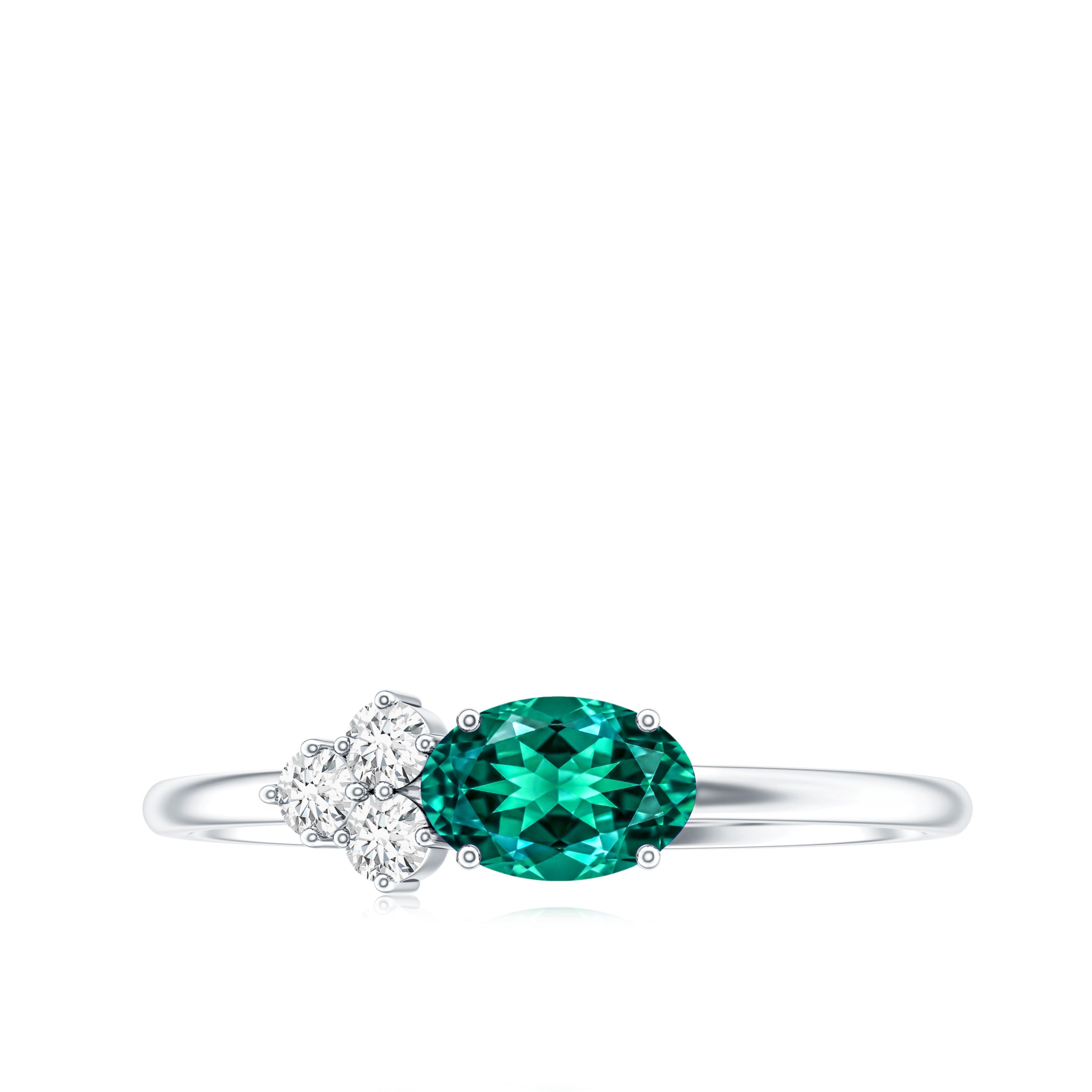 East West Style Oval Lab Grown Emerald Promise Ring with Diamond Trio AAAA - Rosec Jewels