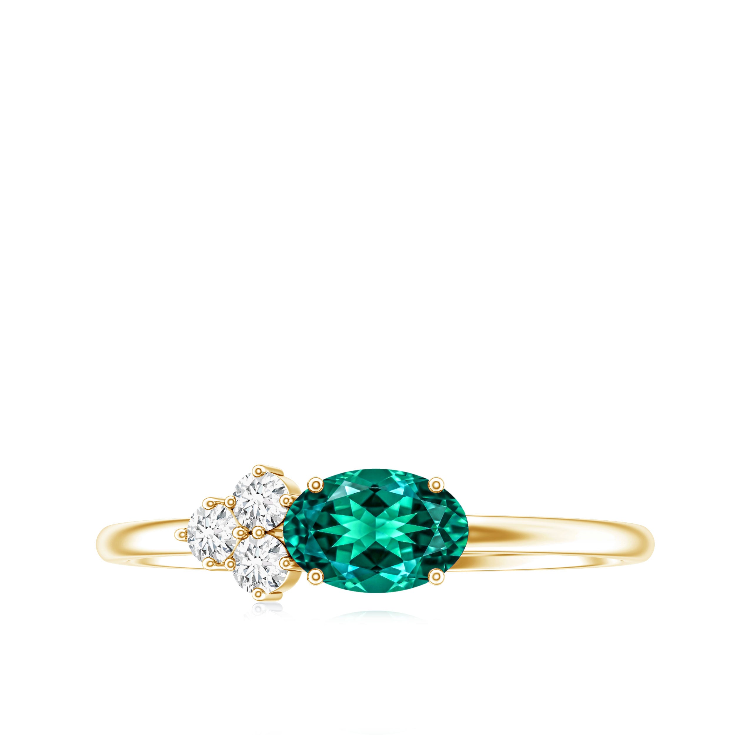 East West Style Oval Lab Grown Emerald Promise Ring with Diamond Trio AAAA - Rosec Jewels
