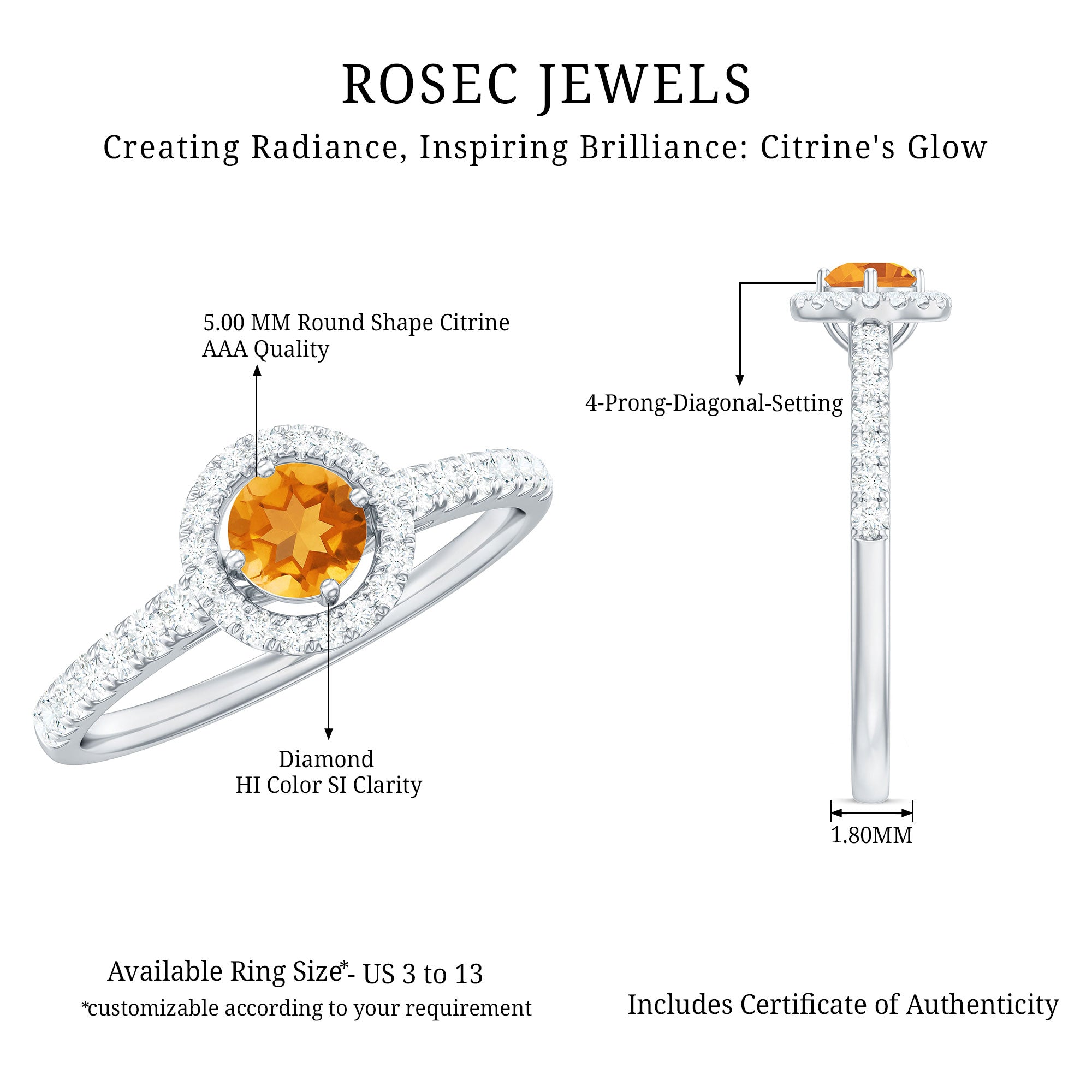 Minimalist Citrine Diamond Engagement Ring with Halo AAA - Rosec Jewels