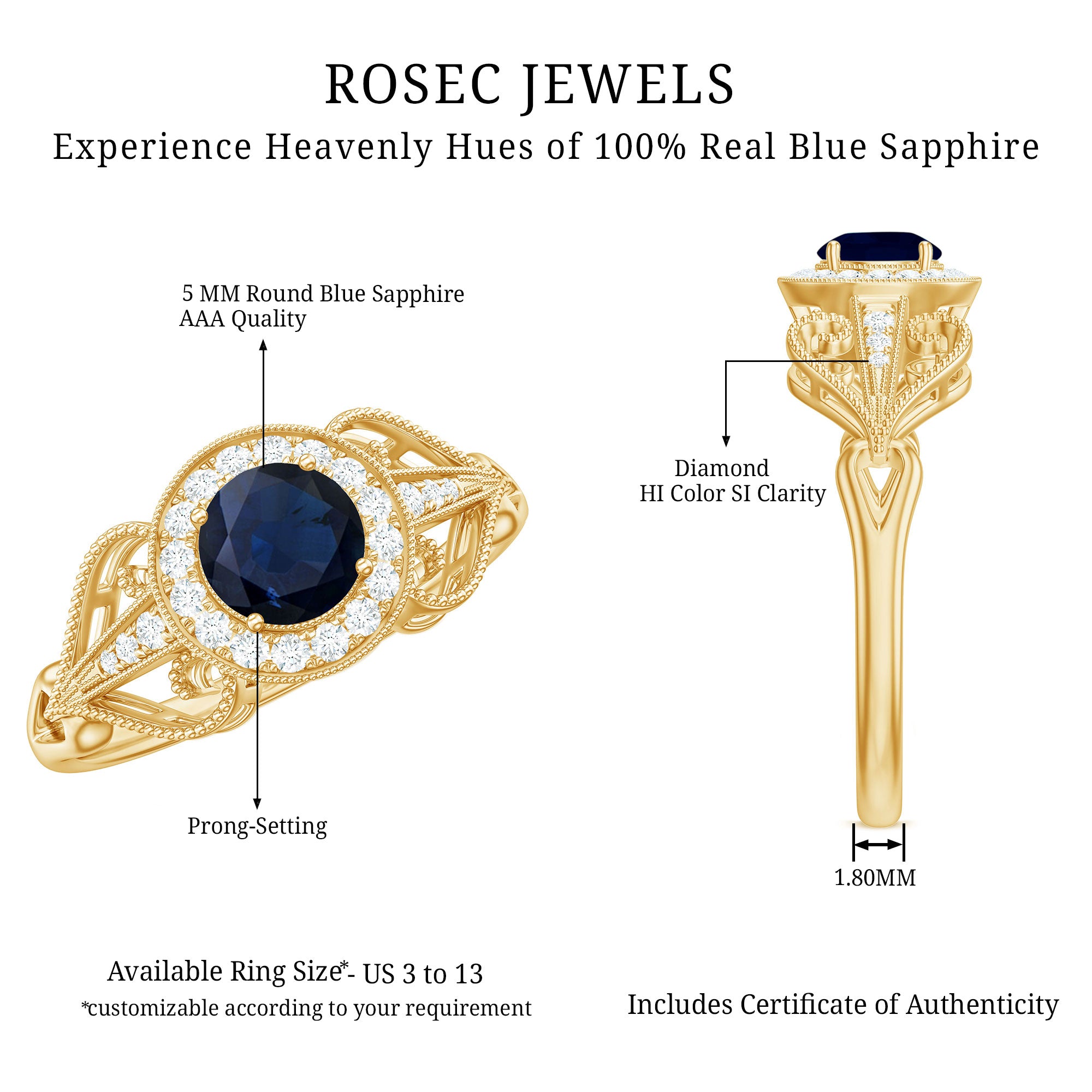 Vintage Looking Blue Sapphire with Diamond Halo Engagement Ring AAA - Rosec Jewels