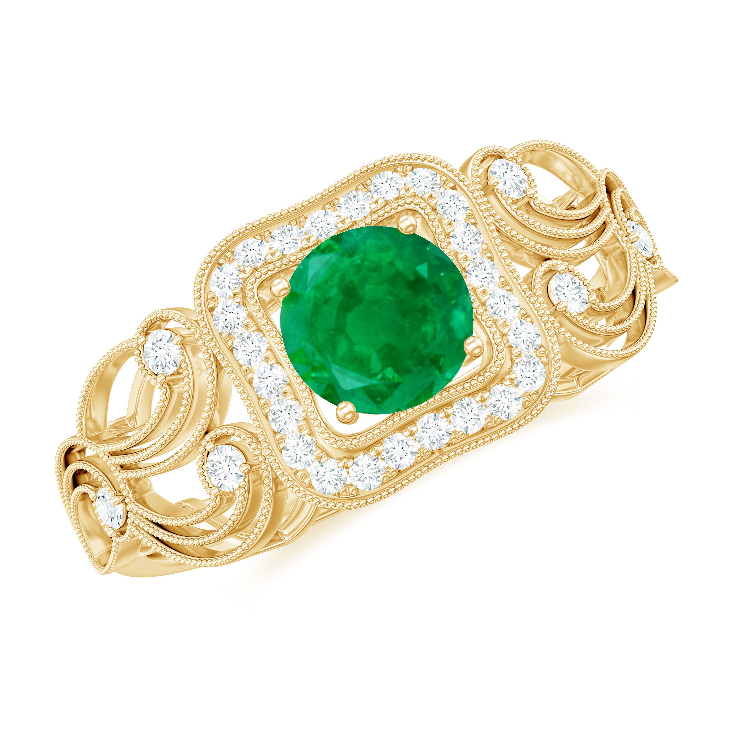 Vintage Looking Emerald Engagement Ring with Diamond Halo AAA - Rosec Jewels
