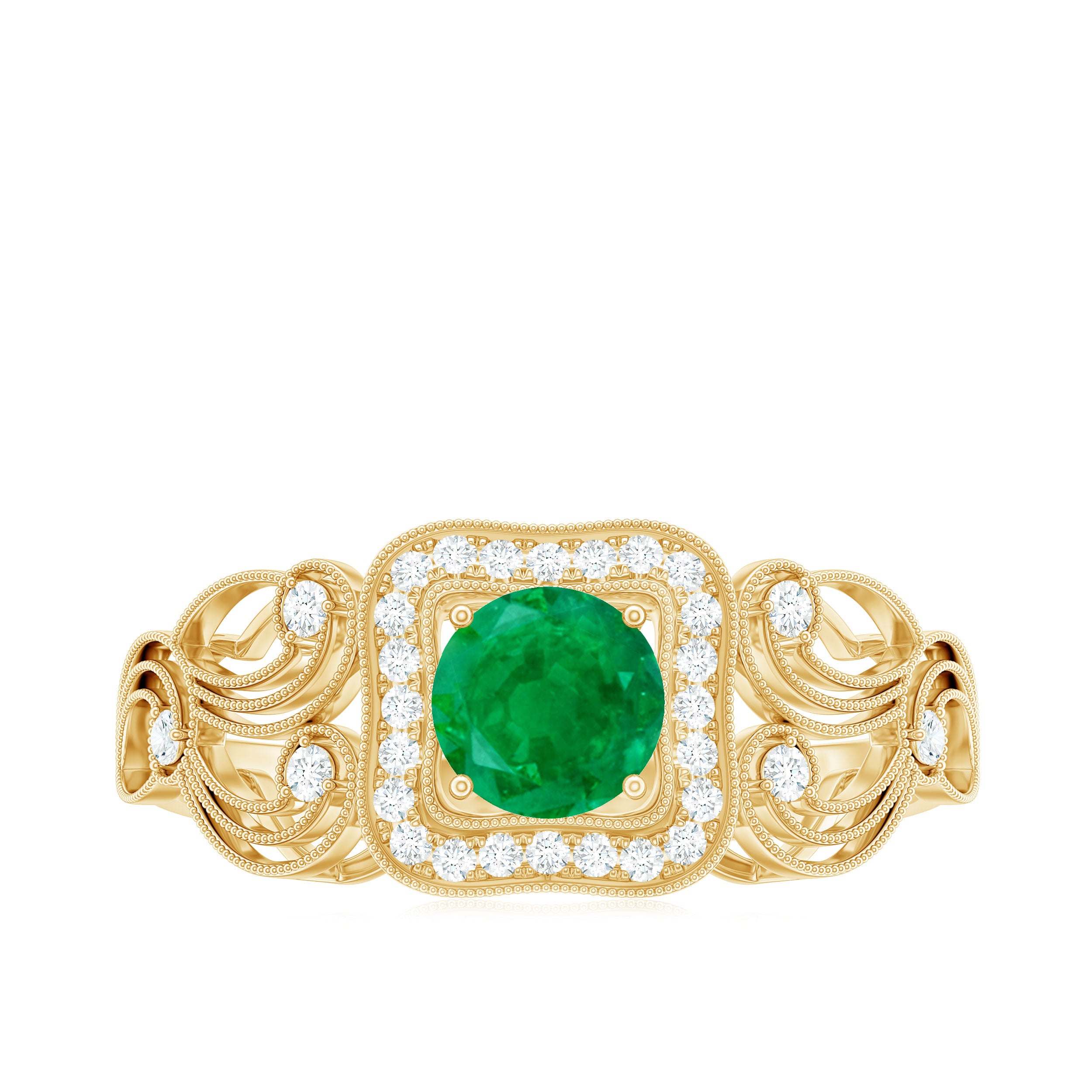 Vintage Looking Emerald Engagement Ring with Diamond Halo AAA - Rosec Jewels