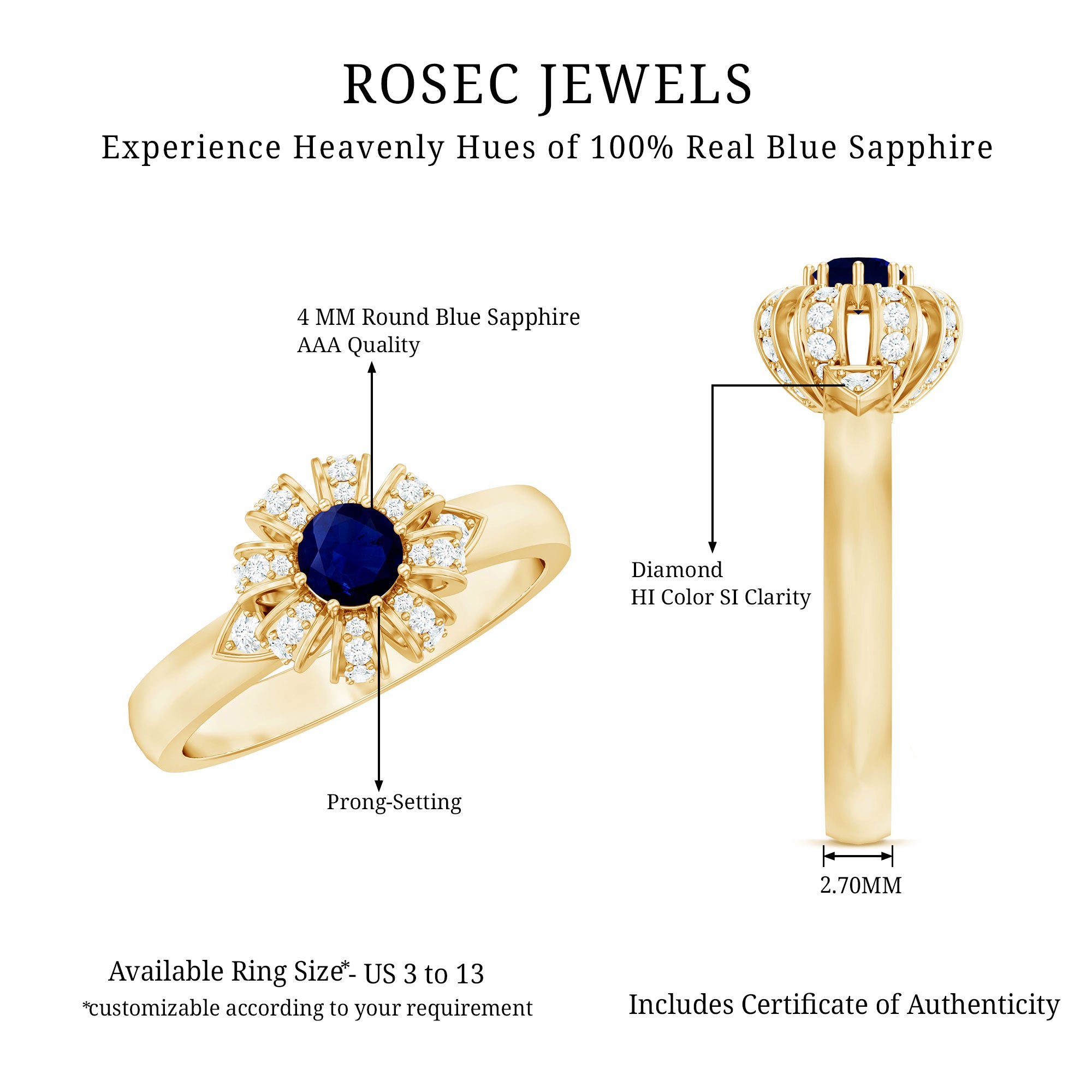 Real Blue Sapphire Flower Engagement Ring with Diamond AAA - Rosec Jewels