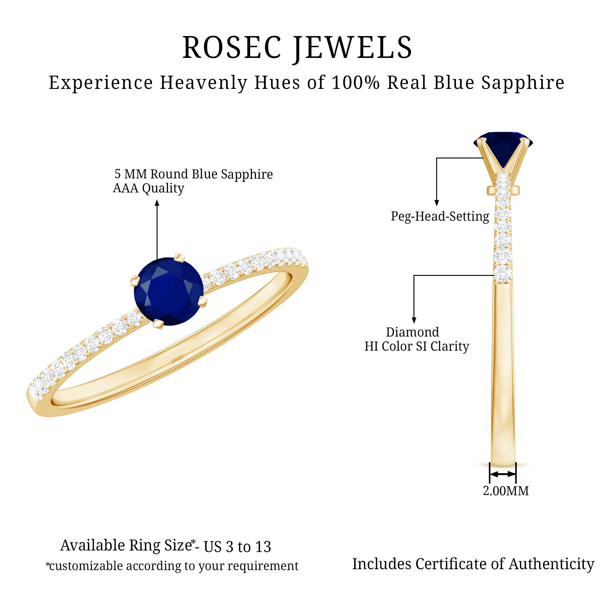 Real 0.9 Carat Blue Sapphire Promise Ring with Diamonds AAA - Rosec Jewels