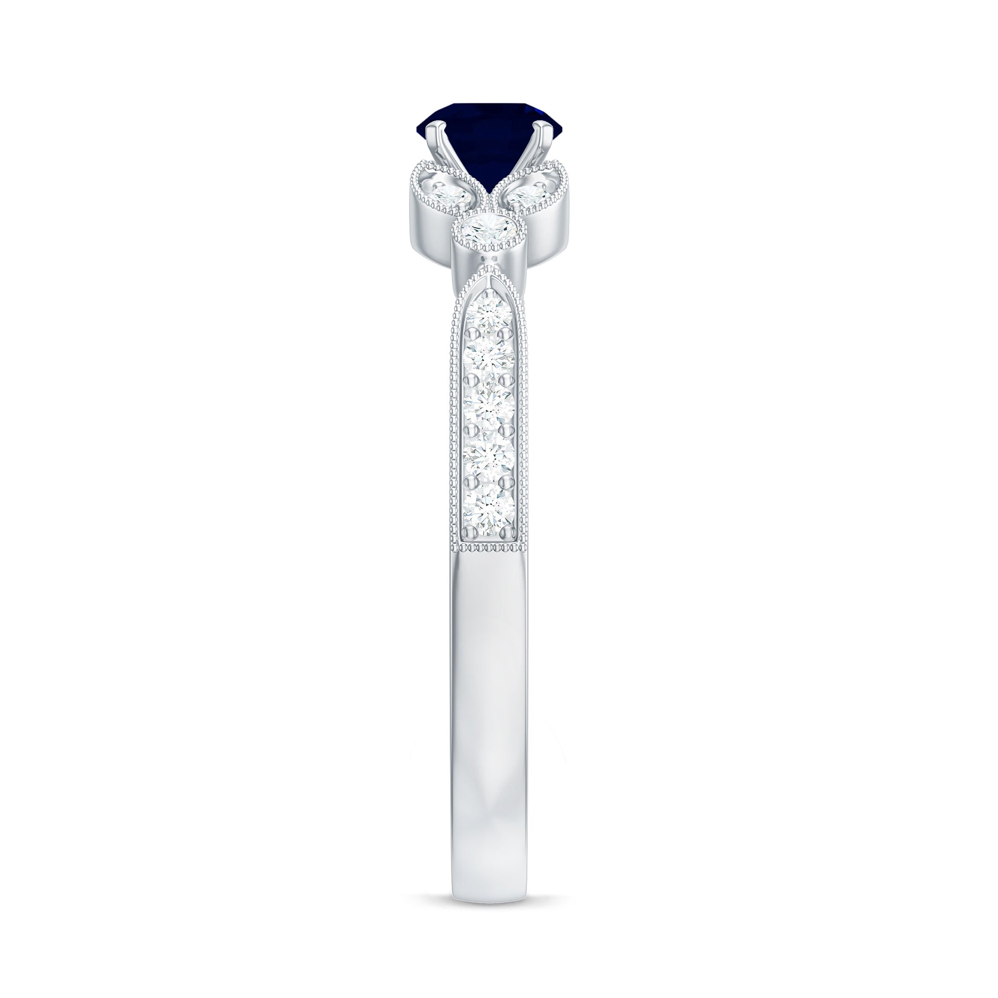 Rosec Jewels-Vintage Inspired Blue Sapphire and Diamond Engagement Ring with Milgrain Details