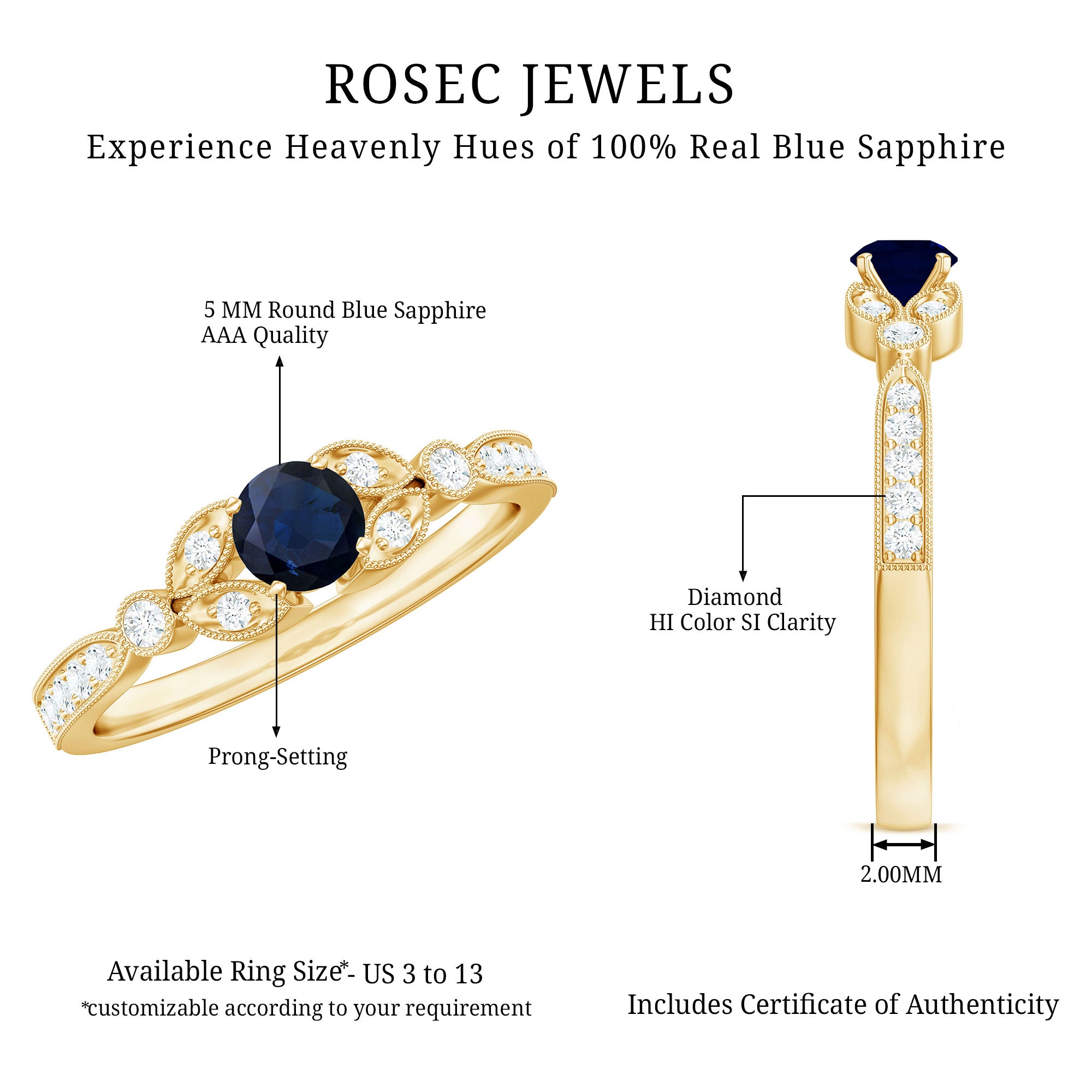 Rosec Jewels-Vintage Inspired Blue Sapphire and Diamond Engagement Ring with Milgrain Details