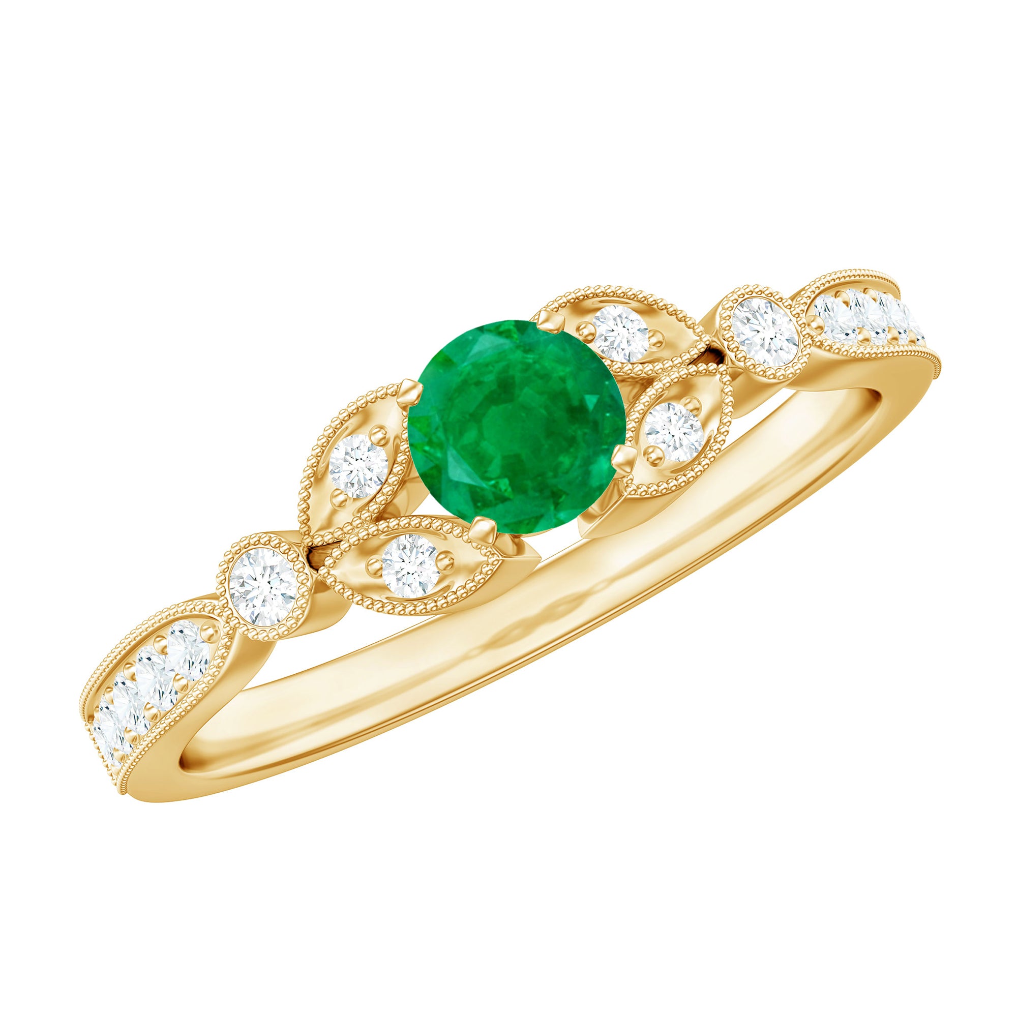 Rosec Jewels-Natural Emerald Vintage Inspired Engagement Ring with Diamond