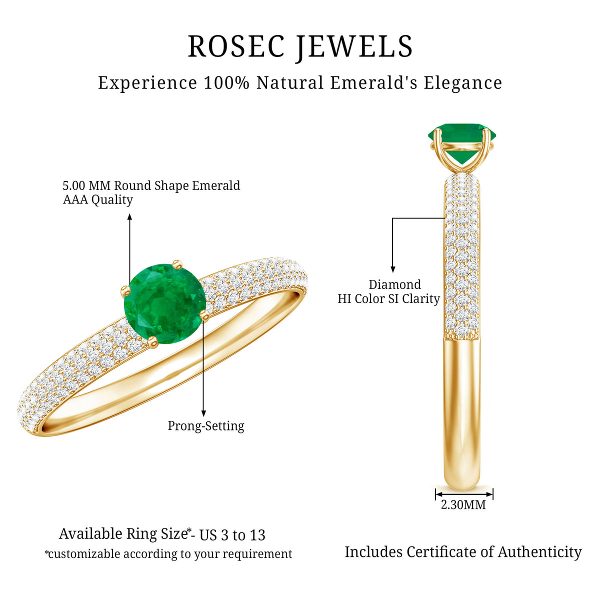 Classic Emerald Solitaire Engagement Ring with Real Diamond Side Stones AAA - Rosec Jewels