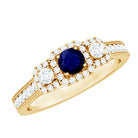 Vintage Inspired Blue Sapphire 3 Stone Engagement Ring with Diamond AAA - Rosec Jewels