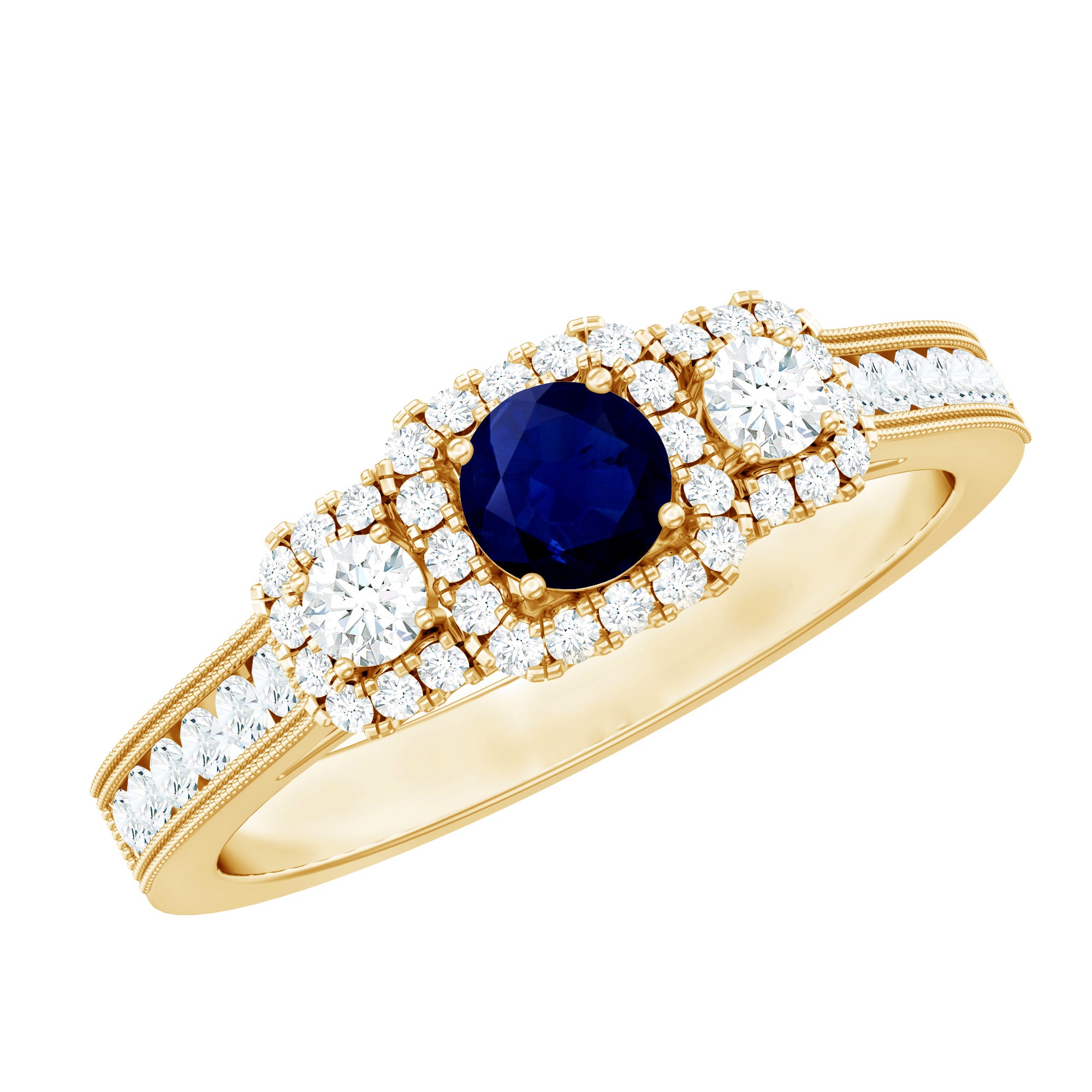 Vintage Inspired Blue Sapphire 3 Stone Engagement Ring with Diamond AAA - Rosec Jewels