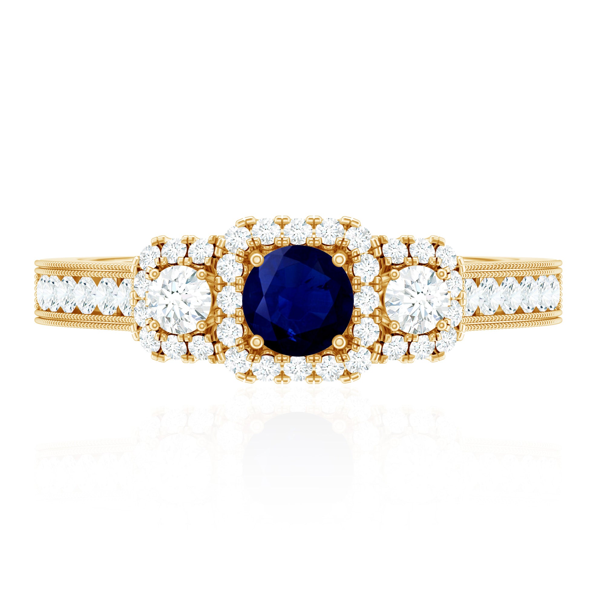 Vintage Inspired Blue Sapphire 3 Stone Engagement Ring with Diamond AAA - Rosec Jewels