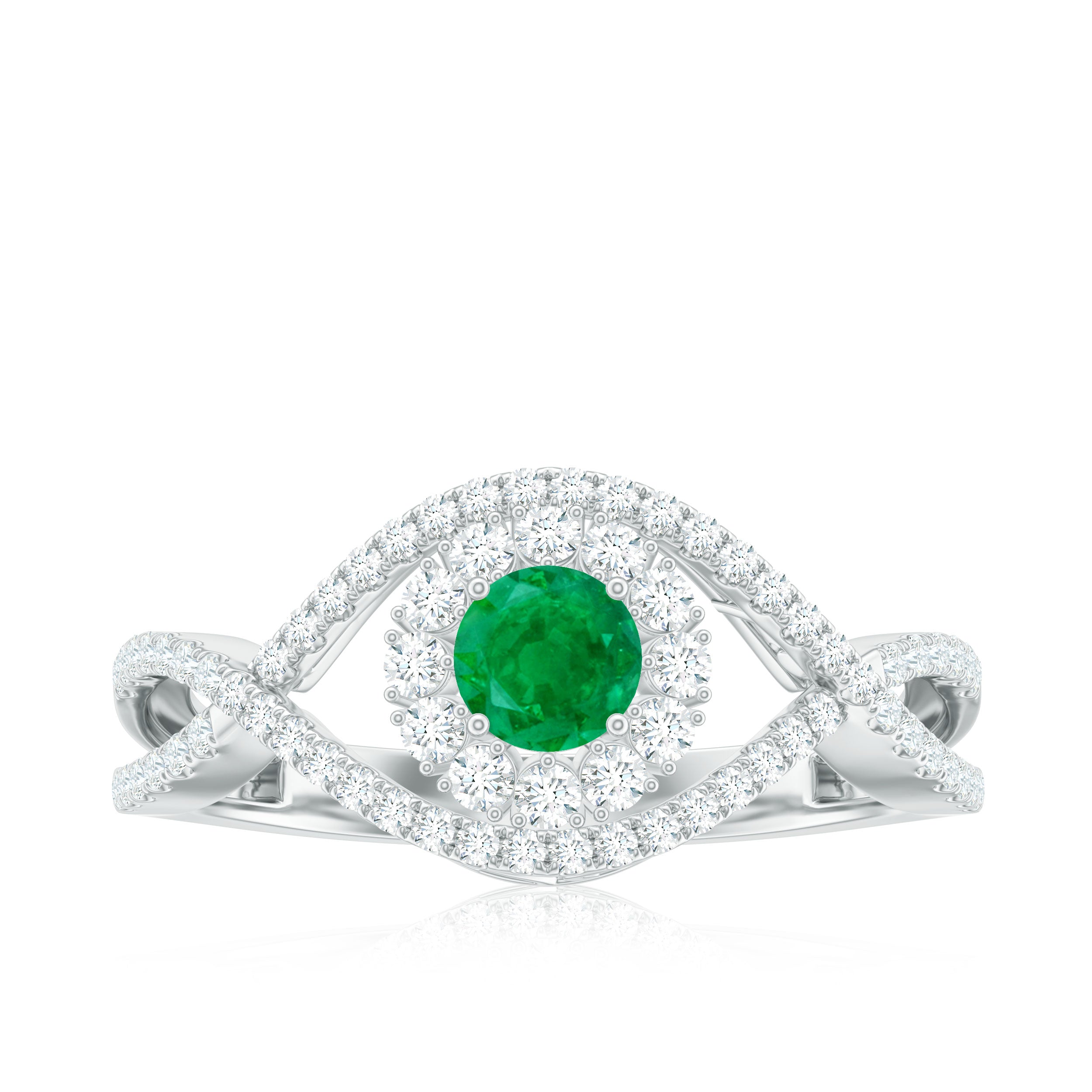 Natural Emerald Engagement Ring with Diamond Crossover Shank AAA - Rosec Jewels