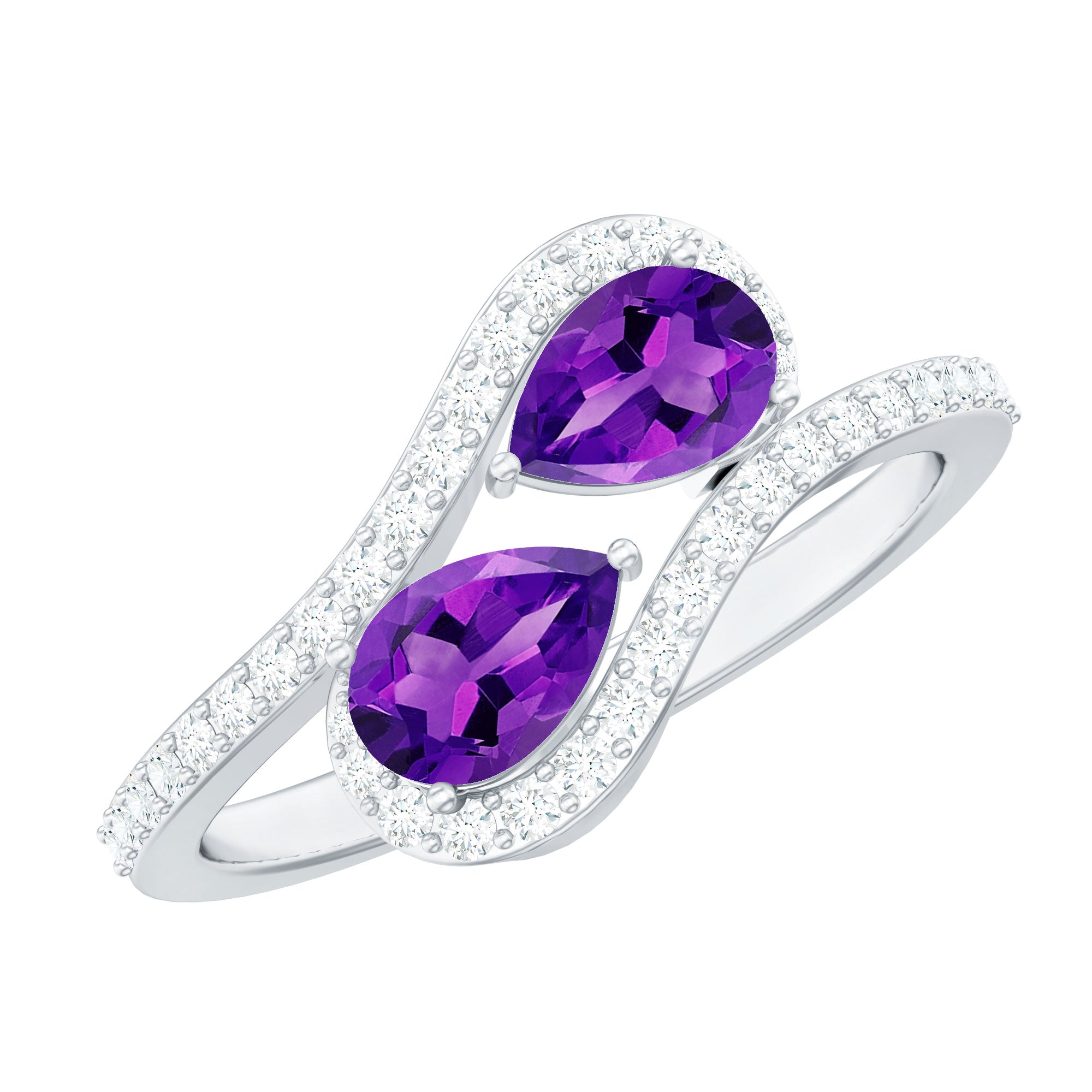 Rosec Jewels-Vintage Inspired Amethyst 2 Stone Bypass Engagement Ring with Diamond