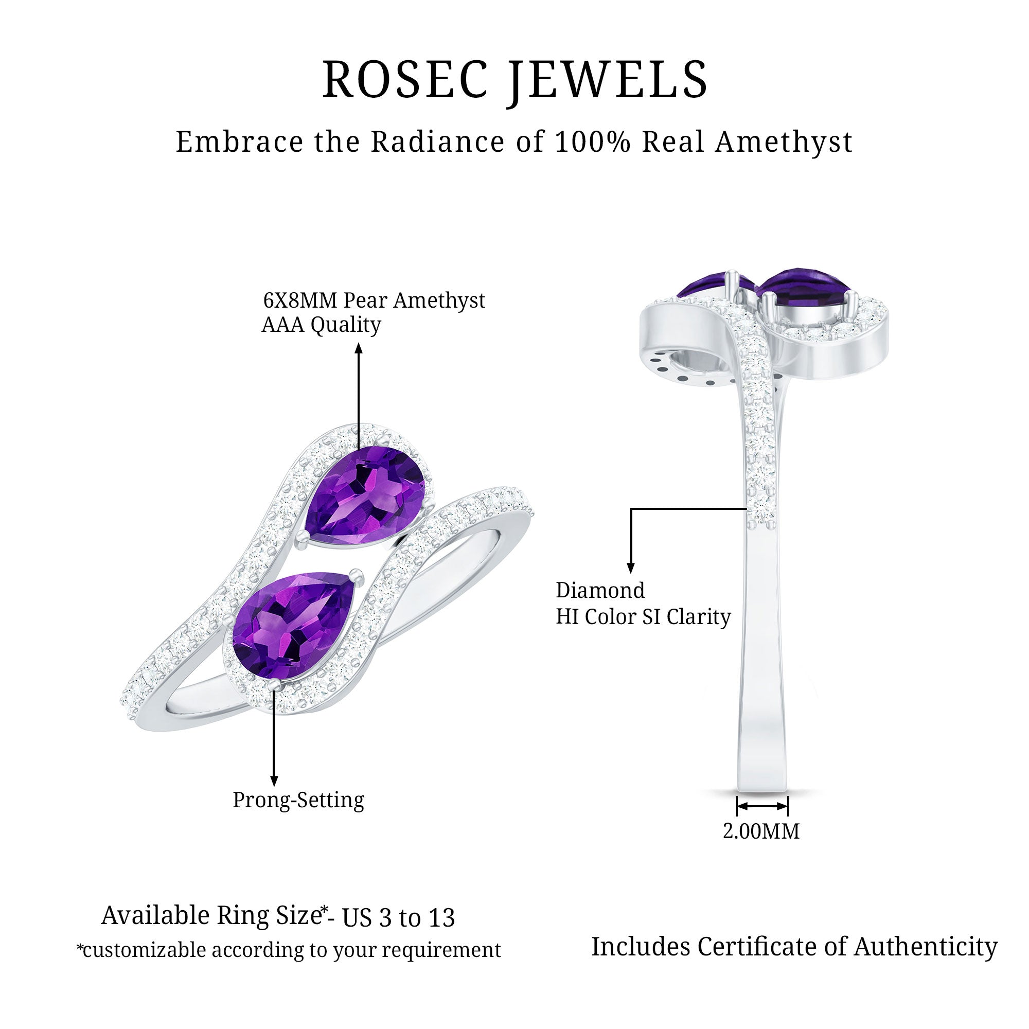 Rosec Jewels-Vintage Inspired Amethyst 2 Stone Bypass Engagement Ring with Diamond